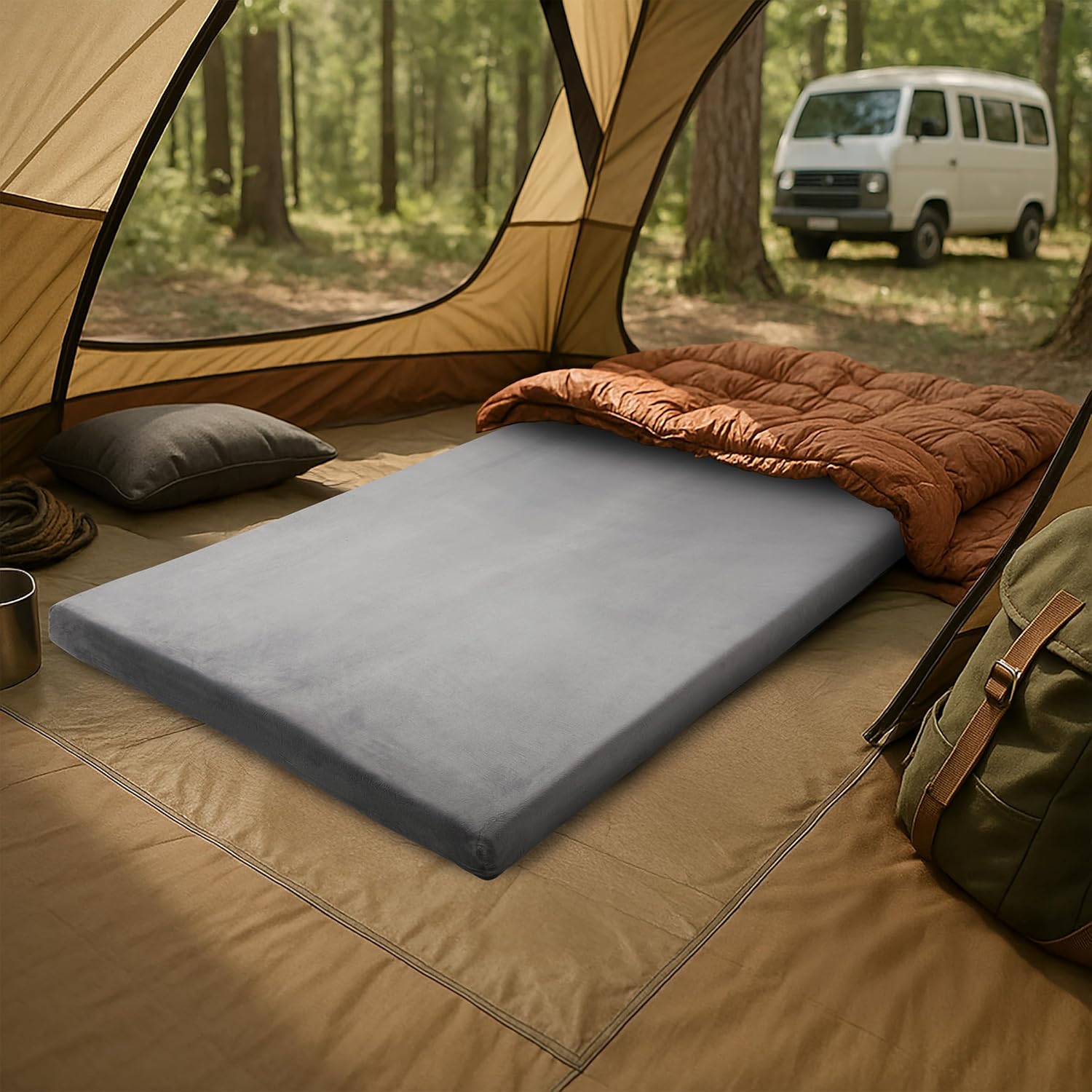 Memory Foam Camping Mattress - 3.5-Inch Thick Sleeping Pad for Camping Gear - Dual-Layer Roll Up Portable Bed for Car, Truck, Camp Tent, Cot Mattress, or Sleepover Guests by Wakeman Outdoors (Gray)