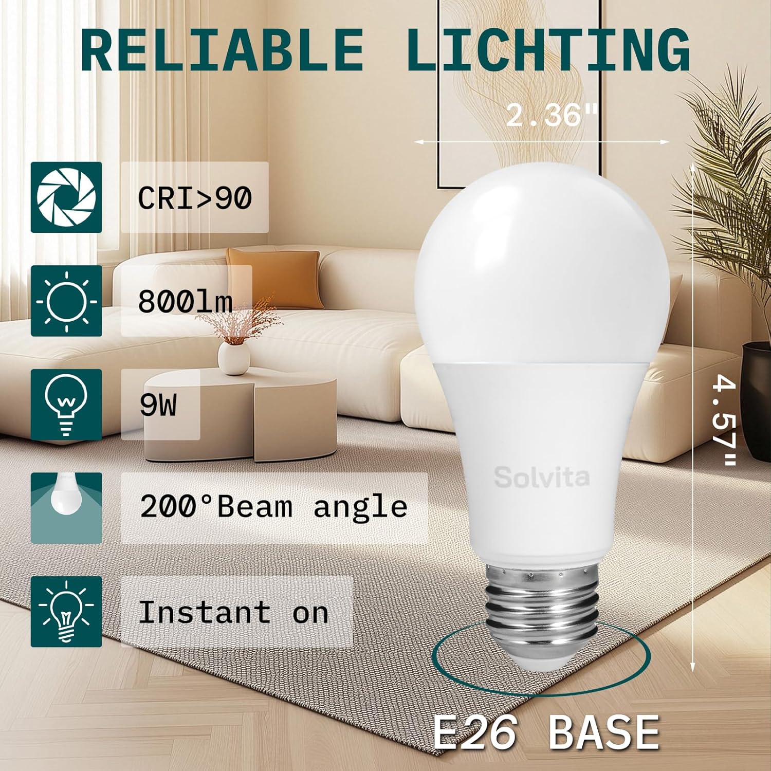 Solvita A19 LED Light Bulbs, 9W Dimmable Lights - Flicker Free EyeComfort, E26 LED Bulb 60 Watt Equivalent, 800 Lumens, 5000K Daylight, 90 CRI for Home Office Bedroom Kitchen, 6 Pack