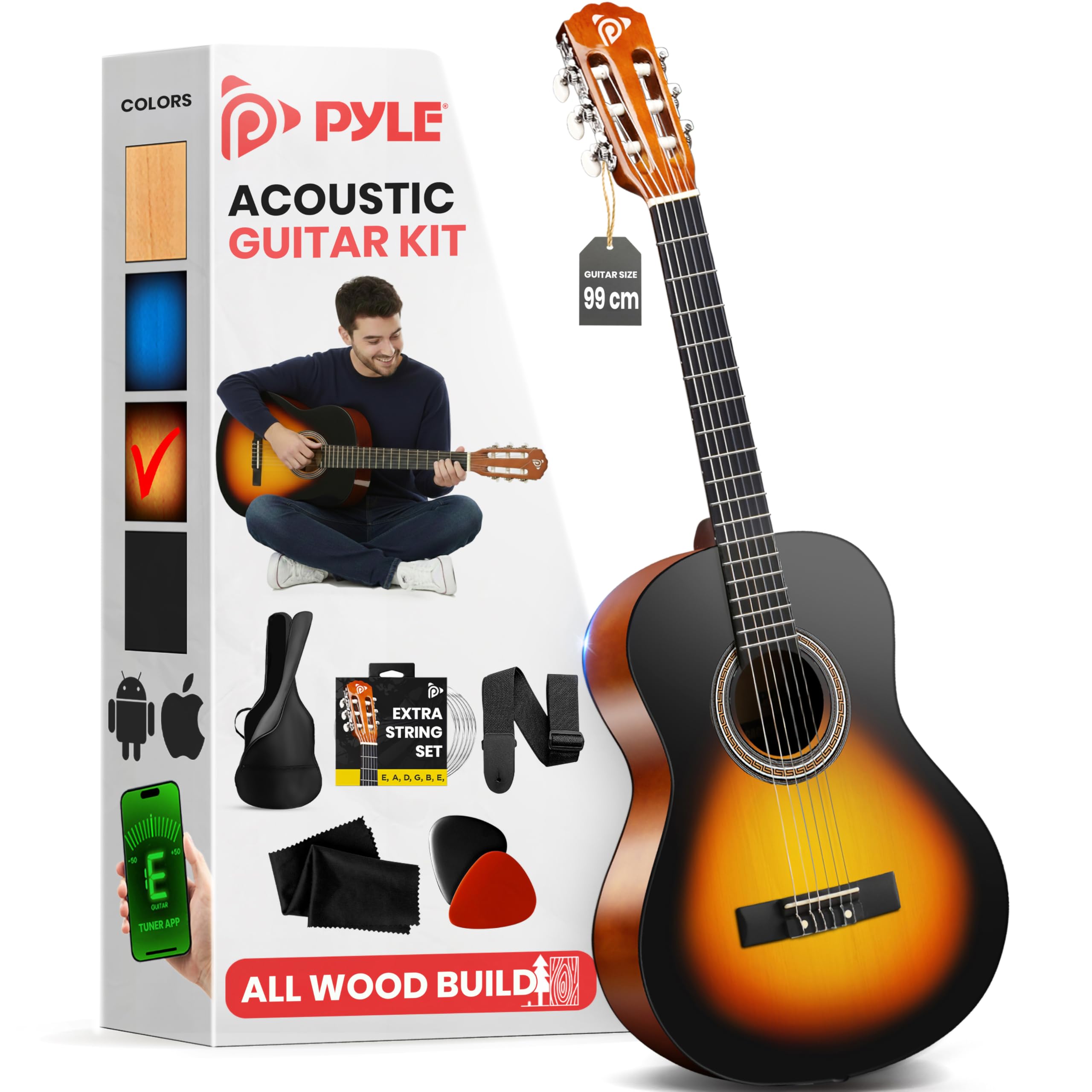 Pyle Beginner Acoustic Guitar, Junior Size 99 cm, All Wood Build Nylon String with Capo Strap, Extra String Set, and Gig Bag Acoustic, For Kids Adults Youth Classical Kit Sunburst Teardrop Matte