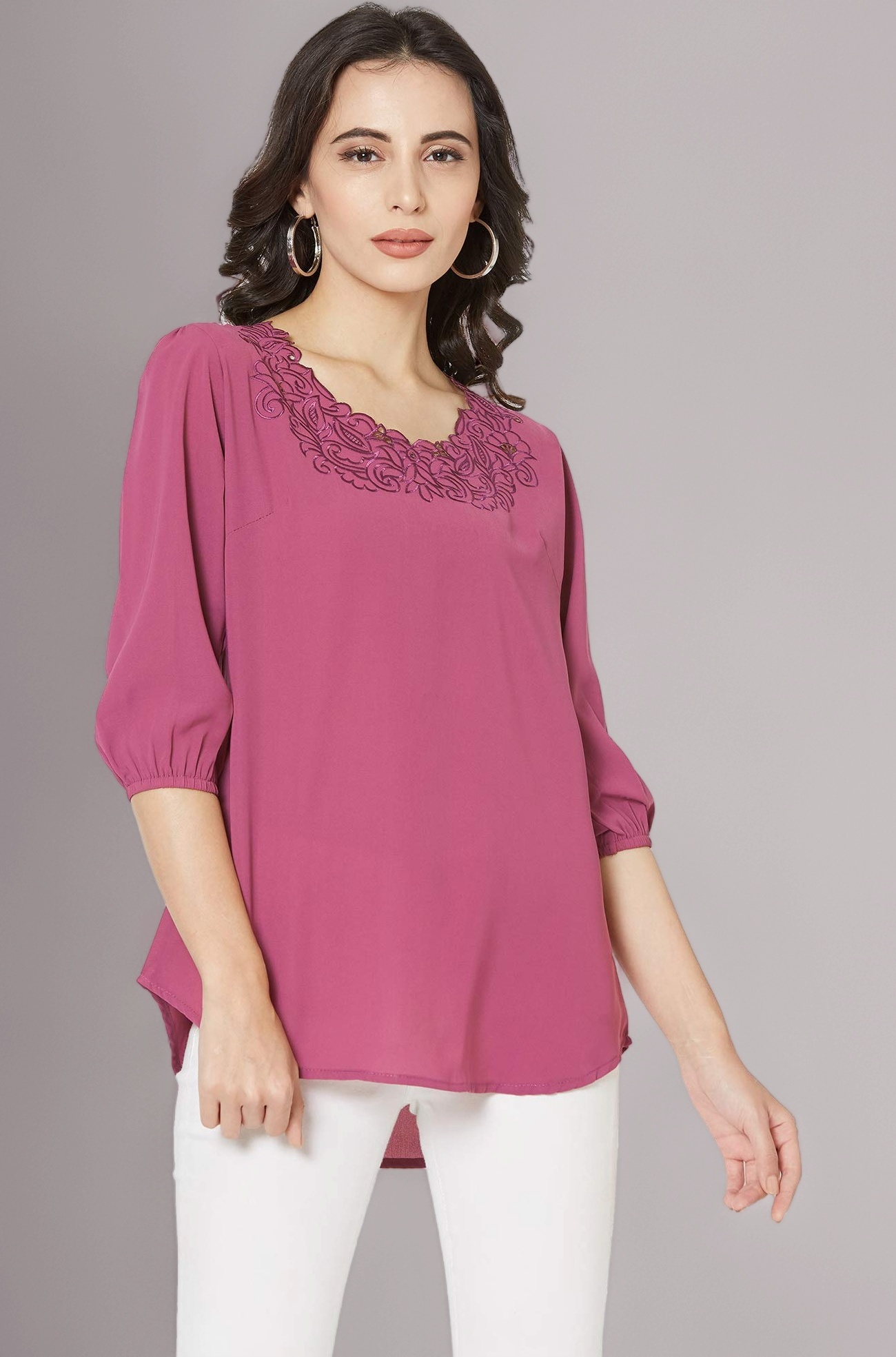 Women's Top with Cutwork Embroidery in Neck
