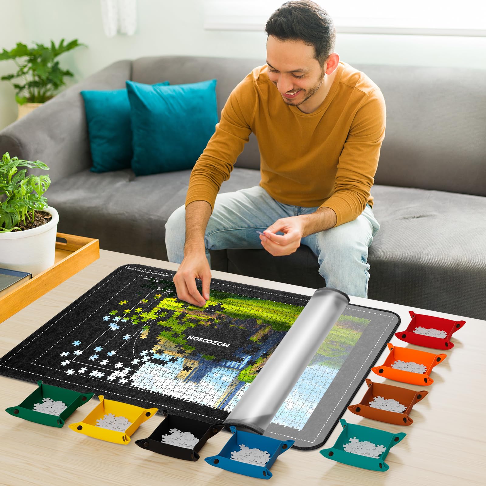 MOZOOSON Tablero de Rompecabezas Plegable, Puzzle Board 1500 Piezas, Accesorios para Mover y Guardar, Tapete Puzzle Portátil 8 Bandejas de Clasificación + 1 Cover