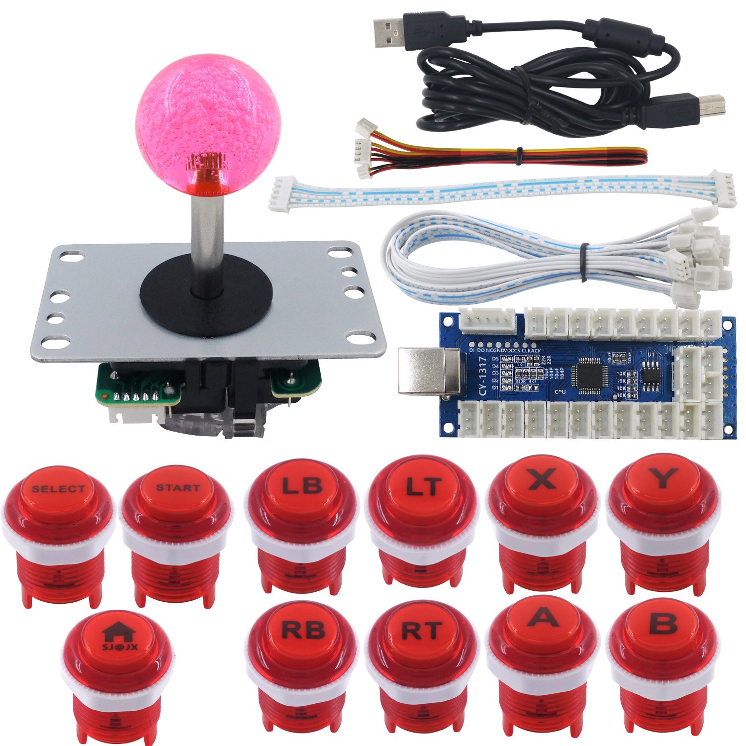 SJ@JX Arcade Game Stick DIY Kit LED Buttons with Logo 8 Way Joystick USB Encoder Cable Controller for PC PS3 PS2 MAME Raspberry Pi Red