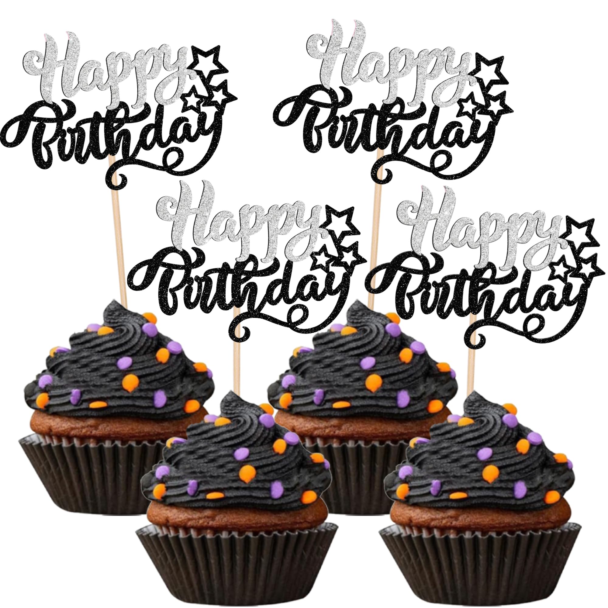 Xsstarmi 24 Pack Happy Birthday Cupcake Toppers Star Glitter Celebrating Birthday Cupcake Picks for Baby Shower Birthday Party Cake Decorations Supplies Silver Black