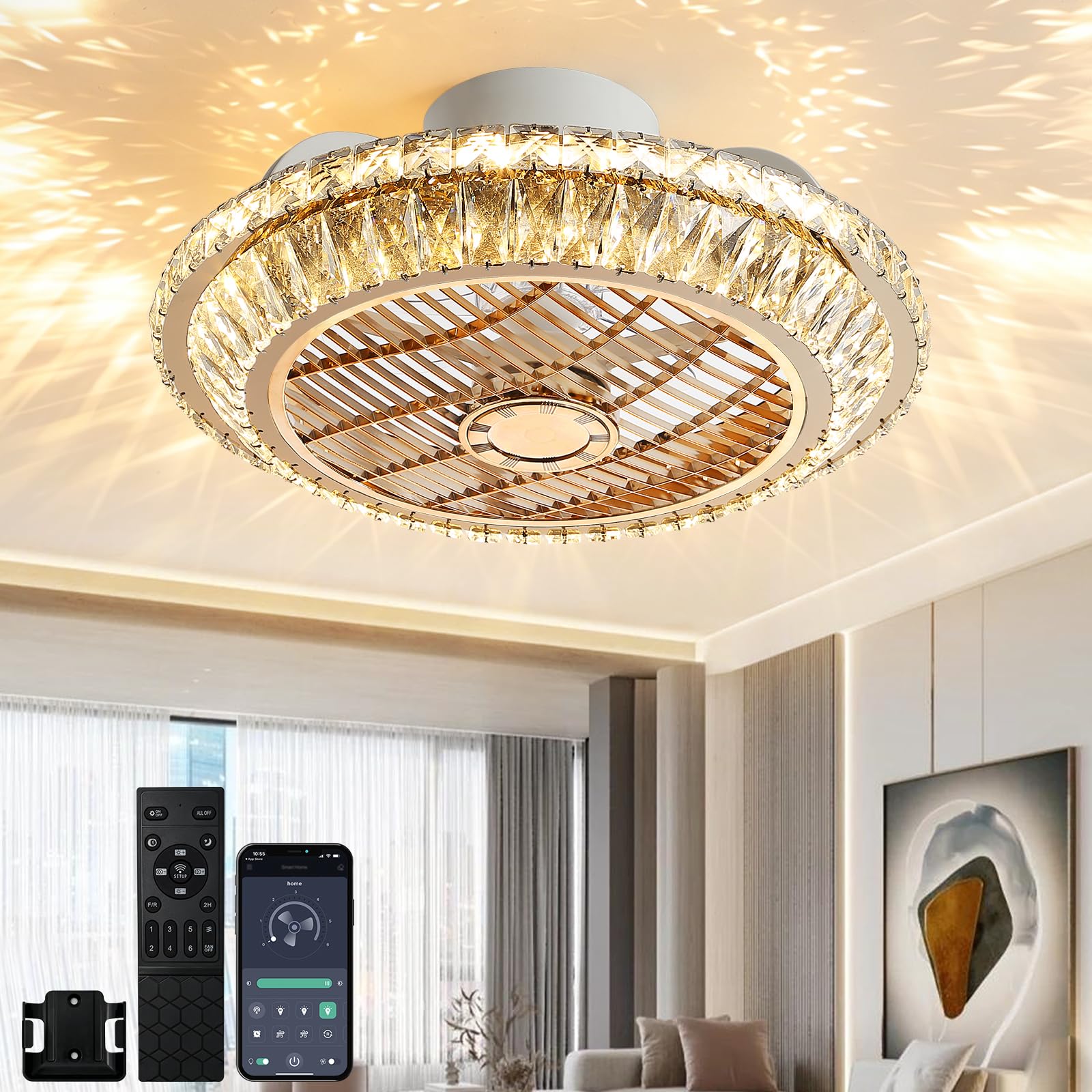 LED Deckenventilator mit Beleuchtung, Leise Kristall Ventilator Kronleuchte mit Fernbedienung Dimmbar Timing Fan Deckenleuchte,72W Moderne Fan Deckenlampe mit Flügelrad, 360°-Umluftleitrad
