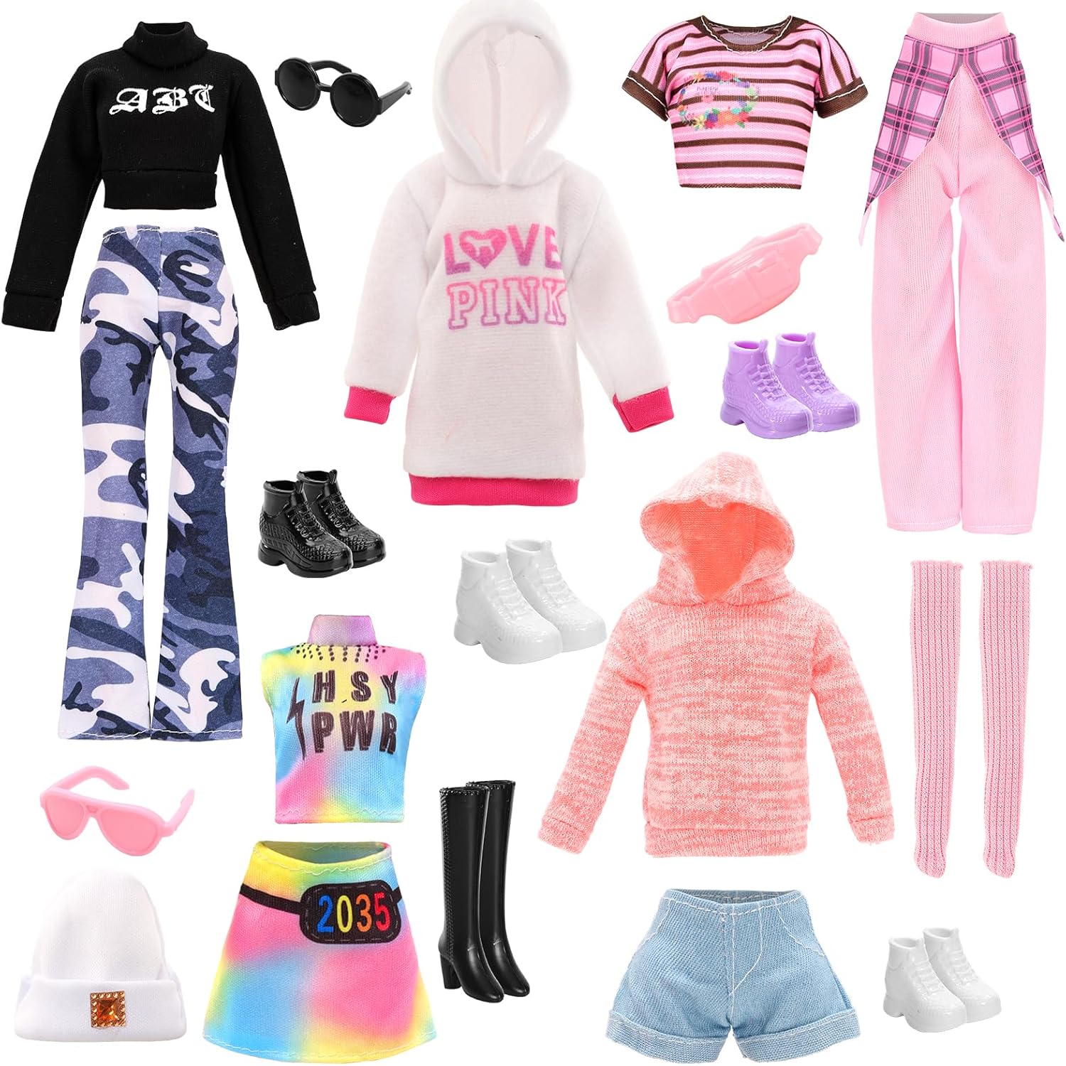 15 Pcs Doll Clothes and Accessories for 11.5 Inch Dolls Includes 5 Stylish Doll Outfit, Sport Sweet Set, Dress, Hoodie Fashion Casual Clothing Glasses Stockings Waist Bag Hat High Heels and Flat Shoes