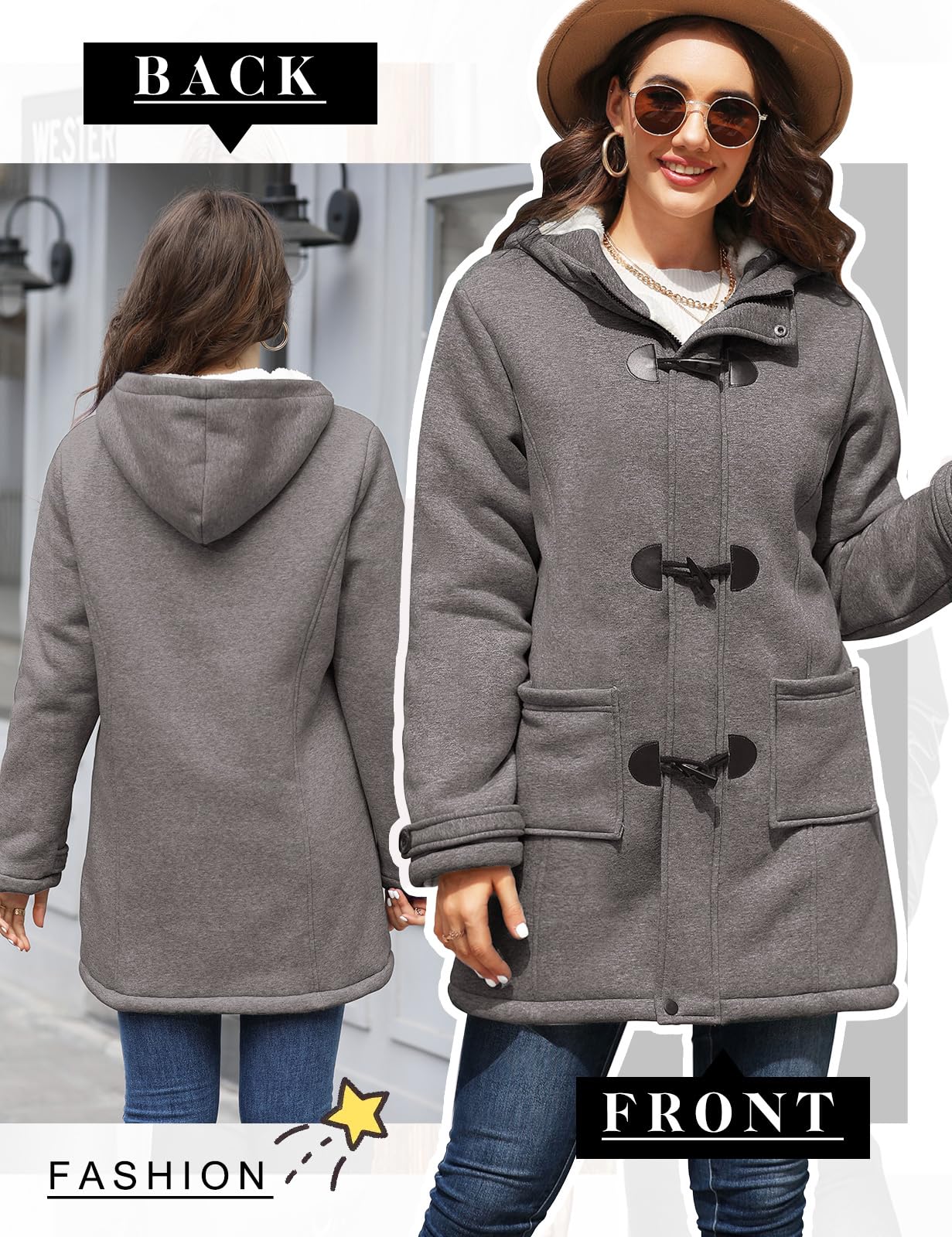 Vancavoo Largo Sudadera con Capucha para Mujer Abrigos con Botones Chaqueta de Lana Alpaca Slim Color sólido Casual Sudaderas con Cremallera Outwear Hoodie de Otoño Invierno