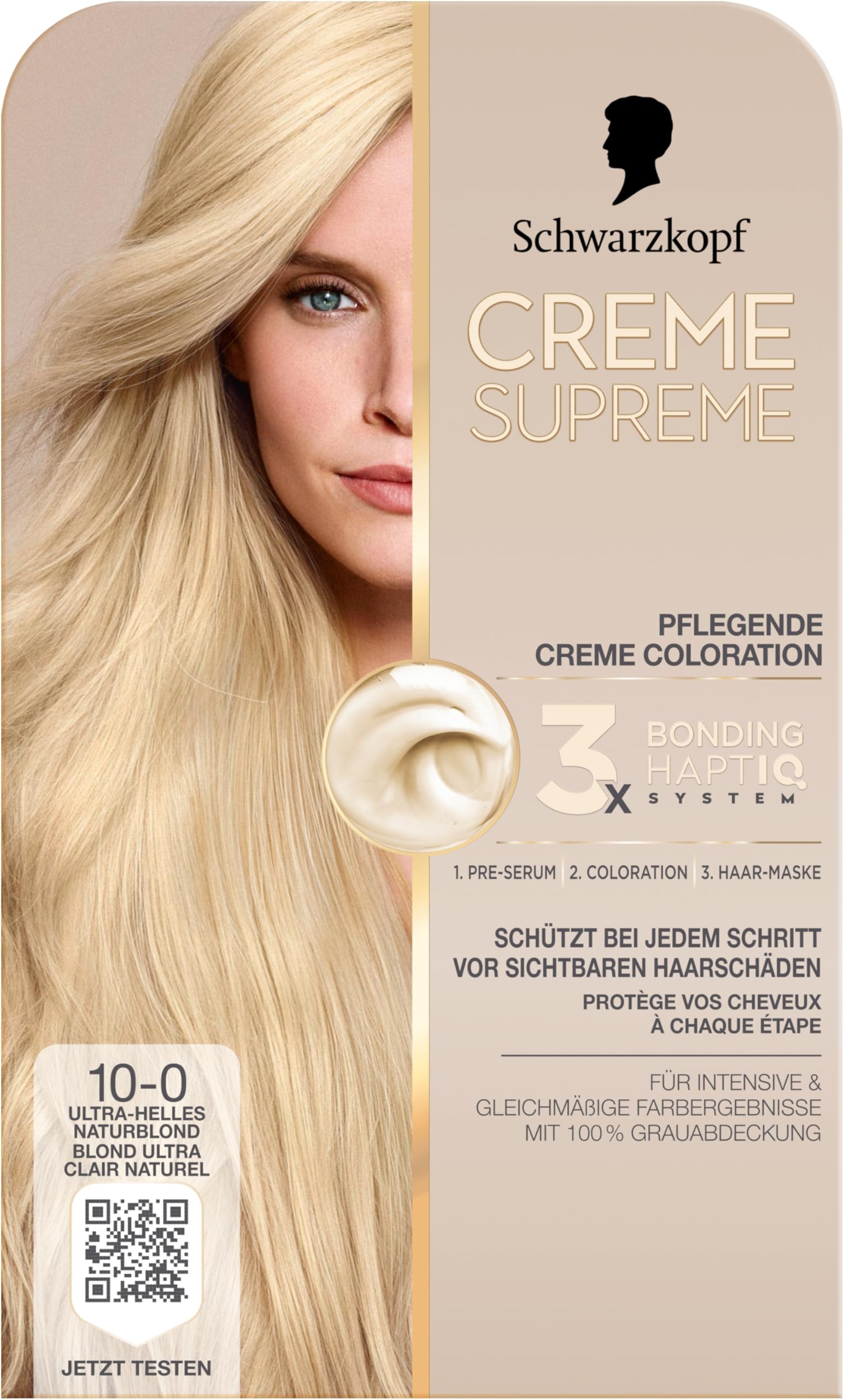 Schwarzkopf Creme Supreme Coloration 10-0 Ultra-Helles Naturblond (4x 182 ml), dauerhafte Haarfarbe mit Serum und Haar-Maske schützt vor sichtbaren Haarschäden, für 100% Grauabdeckung