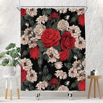 Black Red Floral Shower Curtain, 60 x 72 Inch, Polyester Fabric | Gothic Bathroom Decor with 12 Hooks, Moody Brugundy Rose Pattern, Vintage Flower Design for Women, Dark Whimsical Style