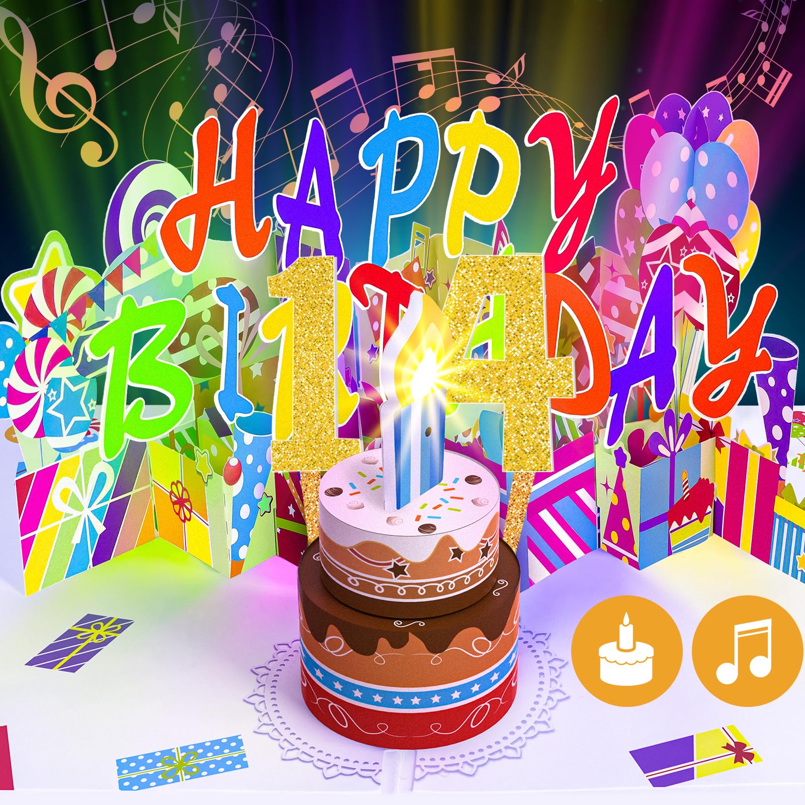 Gumry 14TH Musical Birthday PopUp Card, Blowable Colorful Light Candle 3D Cards with Song, Applause Cheers Sound, Greeting Cards Birthday Gifts