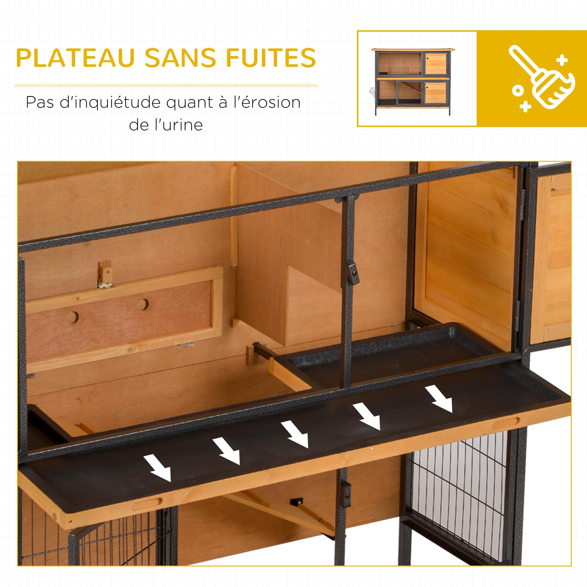 PawHut Clapier Lapin extérieur, Cage Lapin extérieur, 4 Portes verrouillables, Toit bitumé, 2 étages, Petit enclos Animaux, 1 tiroir à déjection et 1 Rampe, 122 x 50 x 101 cm, Bois Naturel et Noir
