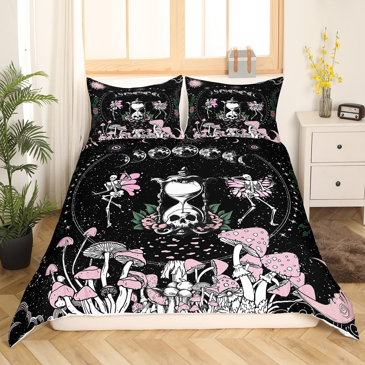 Sun and Moon Duvet Cover Set Twin Size,Pink Mushroom Bedding Set Gothic Sugar Skull Star Galaxy Comforter Cover for Kids Boys Girls Woman Room Decor Boho Hippie Black White Quilt Cover,1 Pillowcase