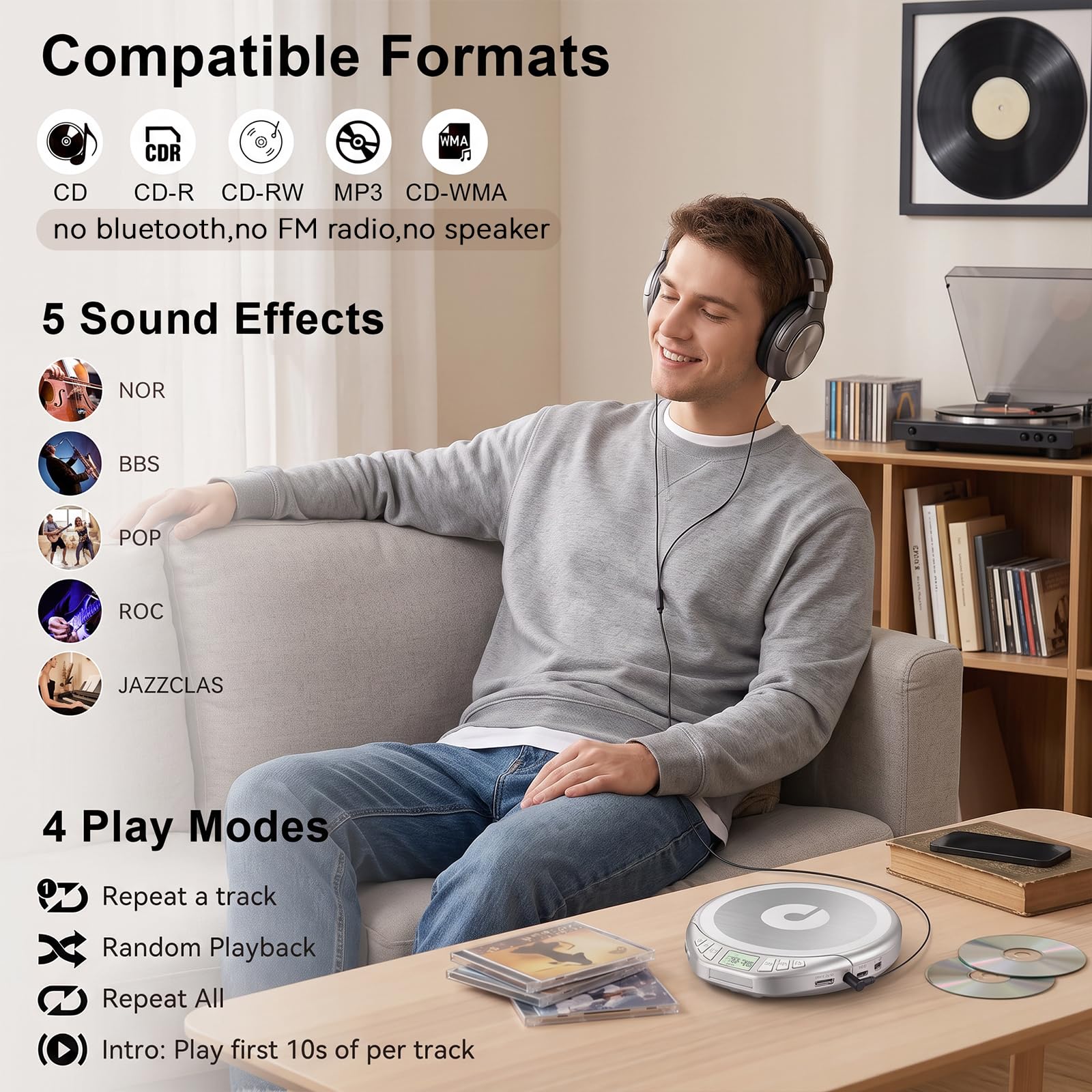 Gueray Lettore CD portatile con auricolari, CD Discman per auto e casa, con protezione anti-skip antiurto, lettore CD personale Discman con display LCD, supporta la funzione di memoria PROG (H-01