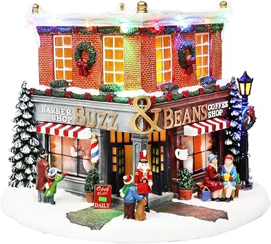 MOMENTS IN TIME 7.9H Polyresin Christmas Village LED & Musical Barber Shop & Coffee Shop for Christmas