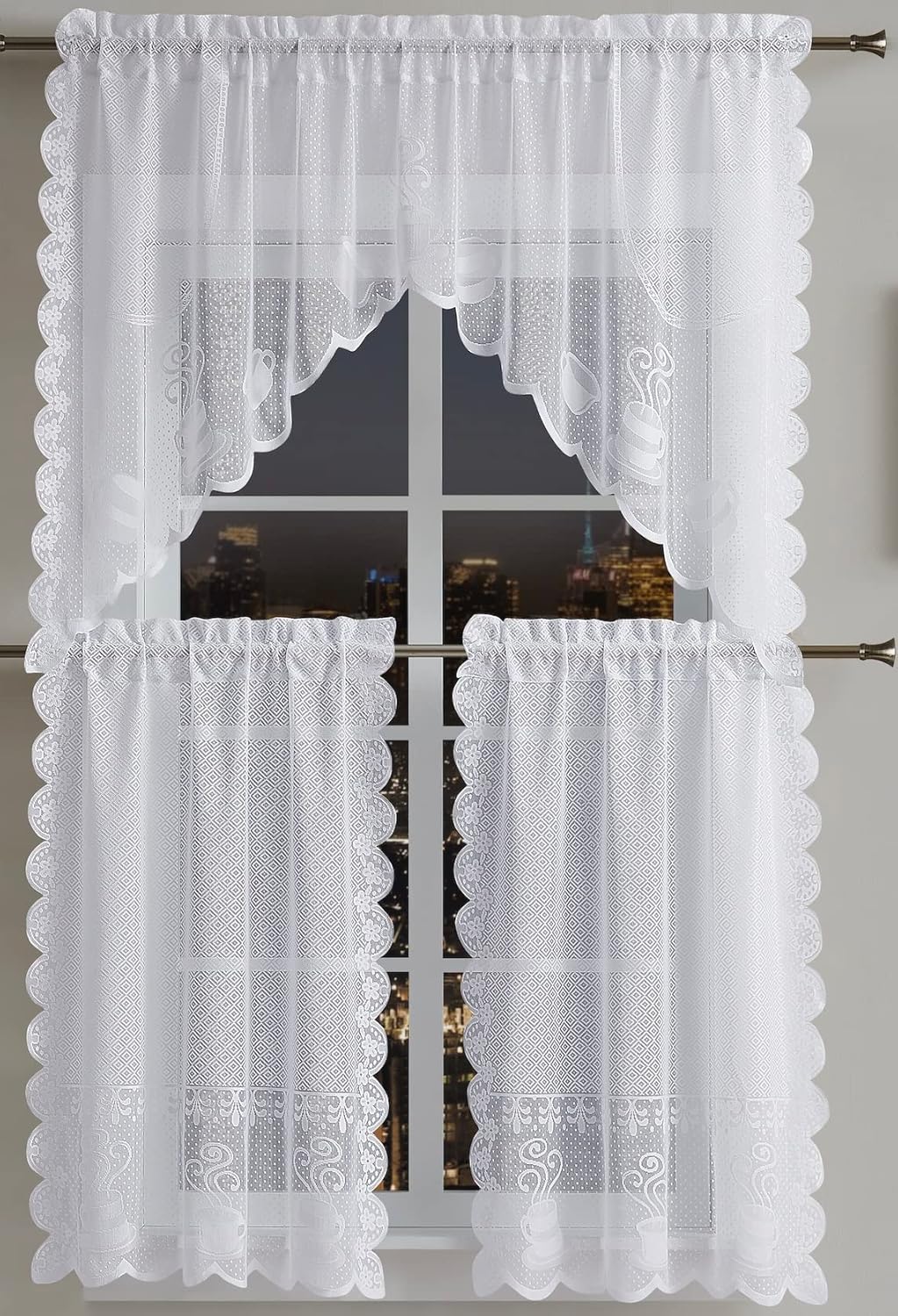 LinenZone Lace Valance and Lace Kitchen Tiers 3 Piece Lace Kitchen Curtains Set