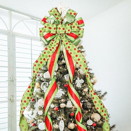 Miniatura 37 de Decoración para árbol de Navidad, lazo grande verde para árbol de Navidad, lazos de regalo de poliéster con puntos rojos y verdes, lazos de regalo