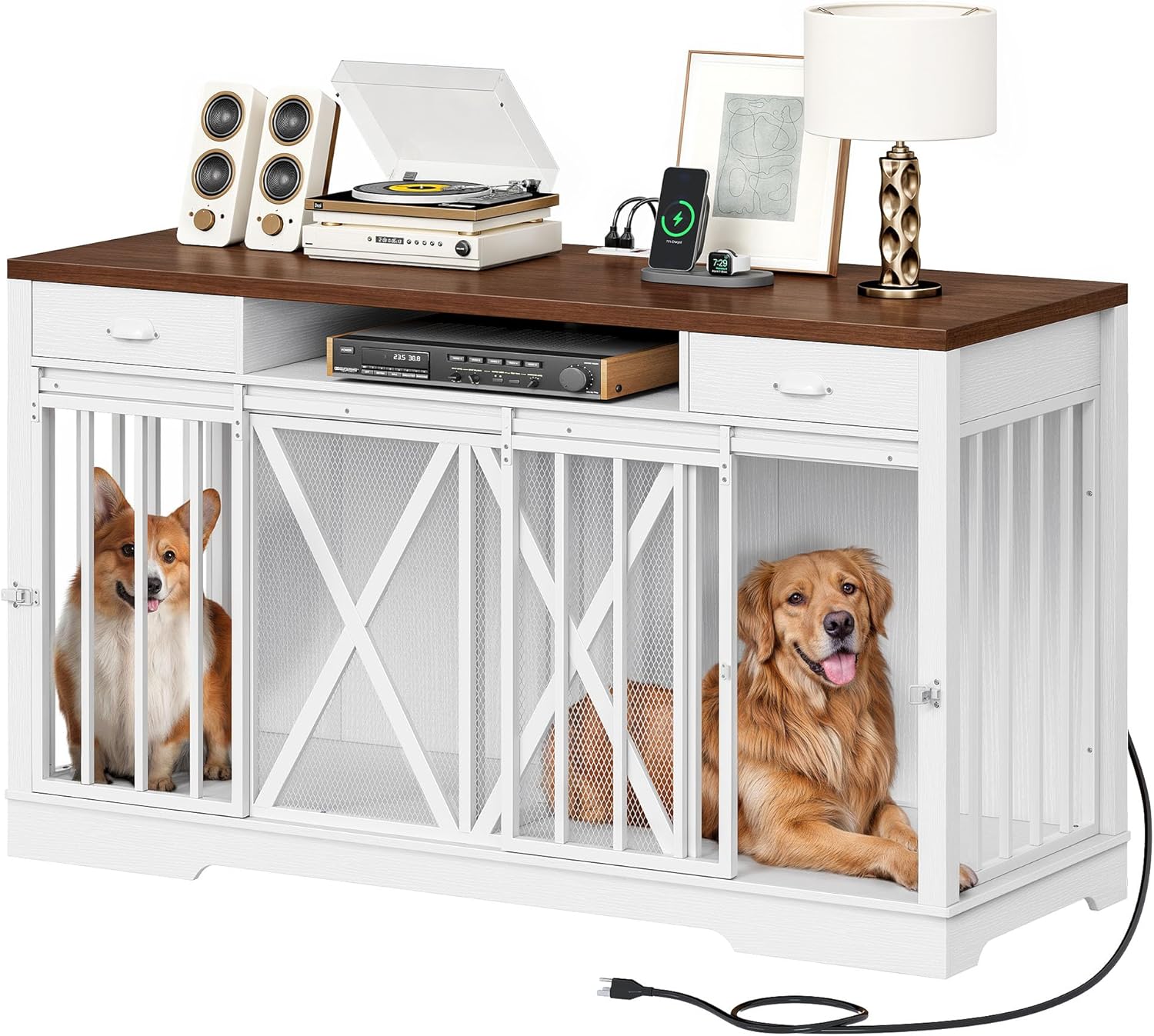 YITAHOME 63 Inch Double Dog Crate TV Stand with Charging Station, Heavy Duty Wooden Dog Crate Furniture for 2 Dogs, Dog Kennel Indoor Furniture Double Sliding Barn Door Design Ideal for 2 Dogs, White White & Walnut