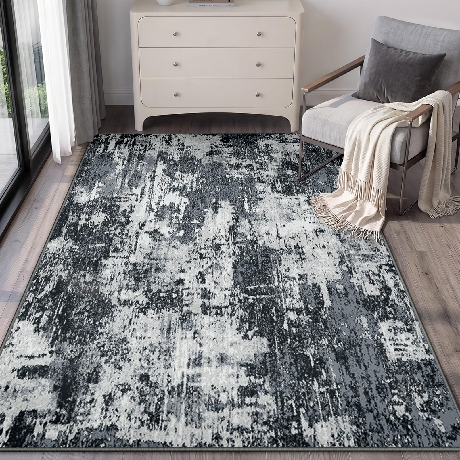 INOVADAY Abstrakt Waschbarer Teppich 90x150 cm Schwarz/Grau/Weiß/Blau