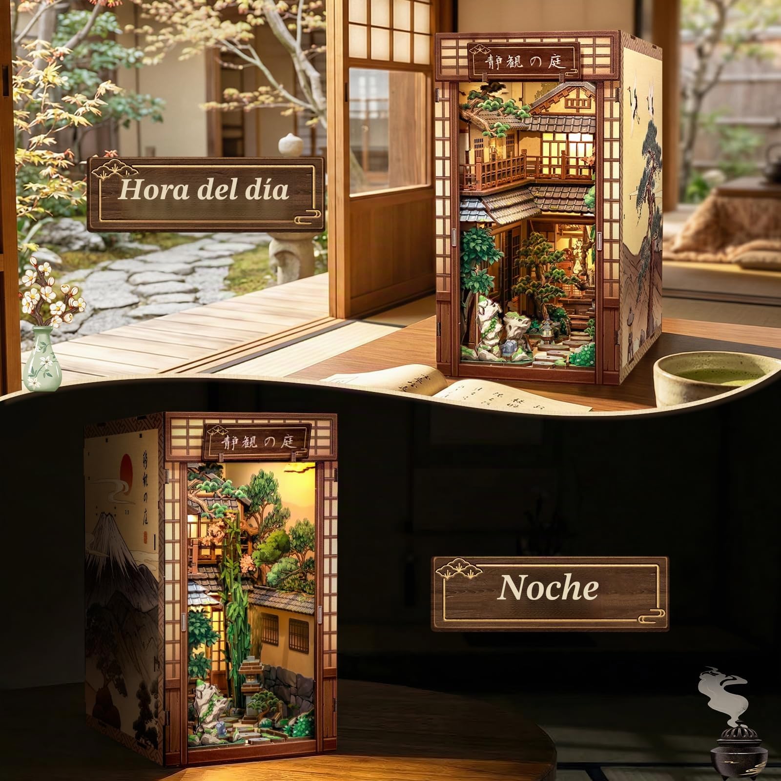 CUTEBEE Book Nook Kit - Kit de Casa de Muñecas para Adultos, Casa Miniatura Japonesa con Luz LED, Decoración para Estantería, (Serene Courtyard)