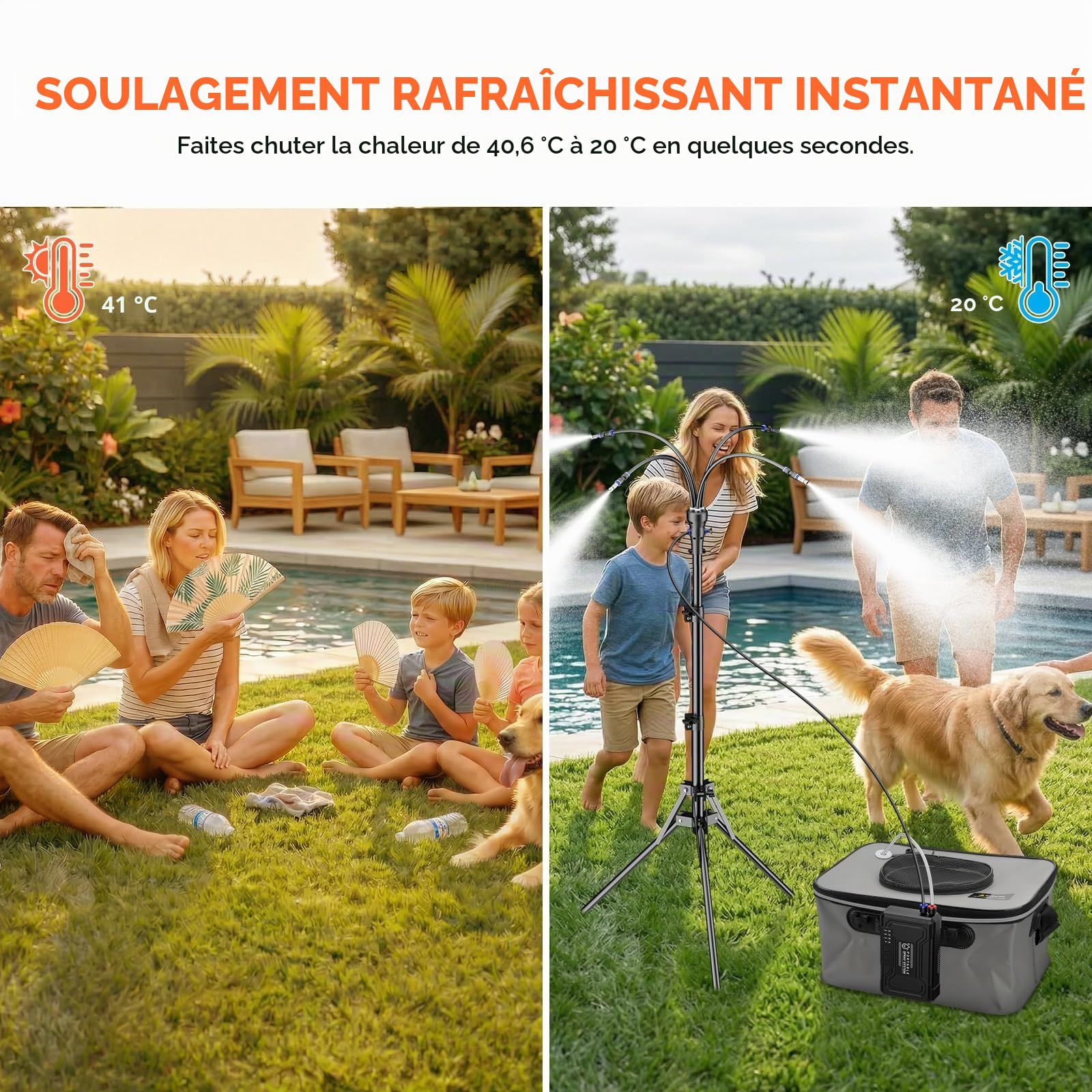 Système de brumisation portable avec seau de 15 L, brumisateur sur pied alimenté par batterie 10 000 mAh pour terrasse extérieure, hauteur réglable 1,28 m, ensemble de refroidissement par eau sans fil