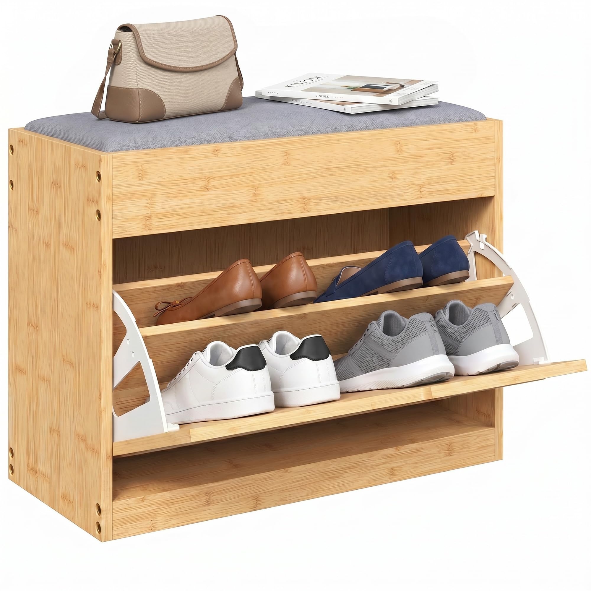 HOMCOM Banco Zapatero con Asiento Acolchado 63x29x48 cm Natural y Gris | Banco Recibidor, Cajón Abatible, Puerta de Ratán, Estante Ajustable, para Entrada, Pasillo, Salón