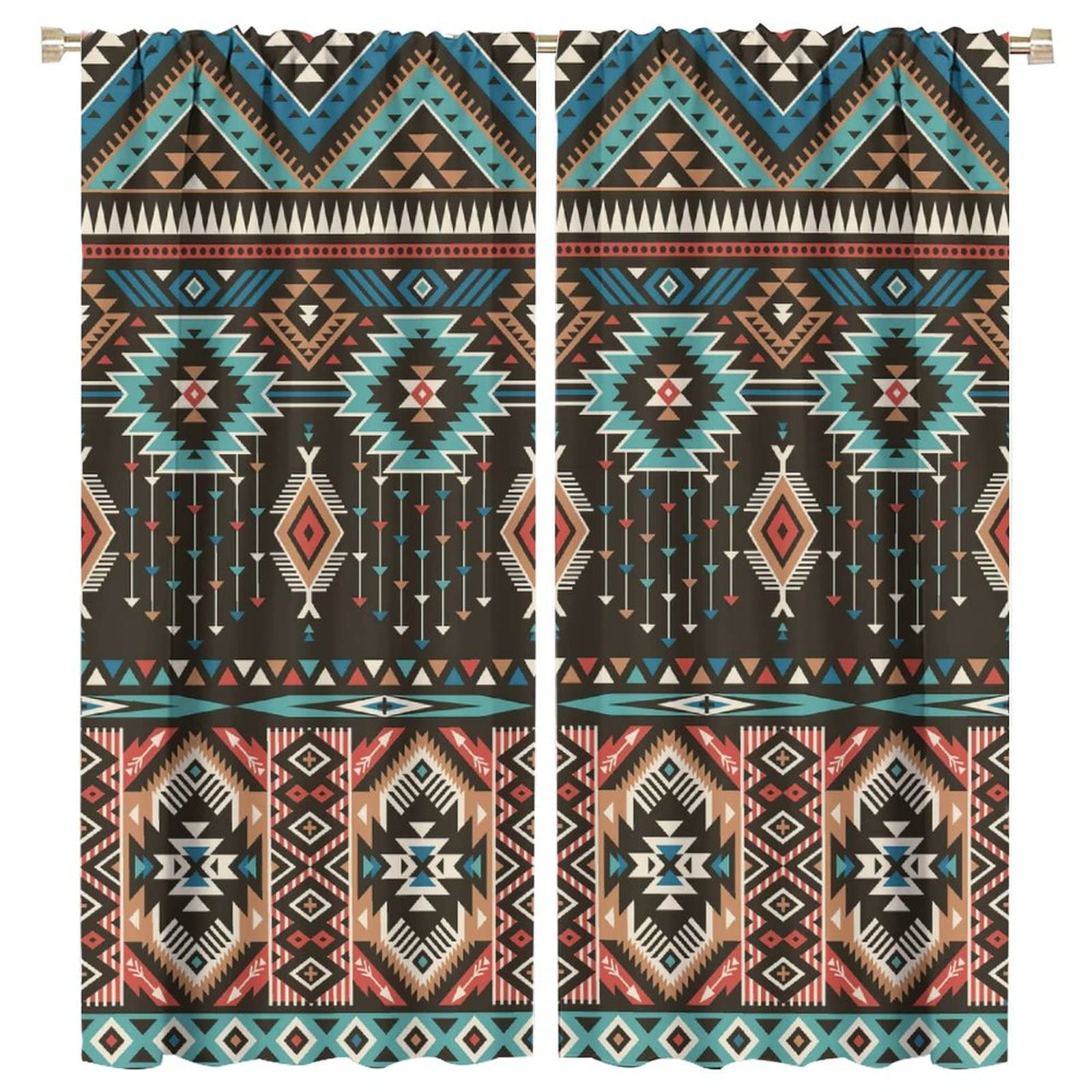 GoDazzling Aztec Blackout Windows Curtains, Southwestern Native Tribal Navajo Ethnic Abstract Triangular Geometric Vintage Curtains, for Living Room