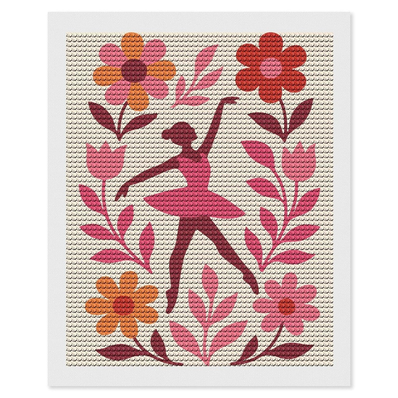 Junmoney Ballerina Surrounded by Flowers DIY Diamond Art Canvas Kit 16"x20", Adhesive Canvas, Easy to Enjoy, Farmhouse Decor, Festive Craft Gift