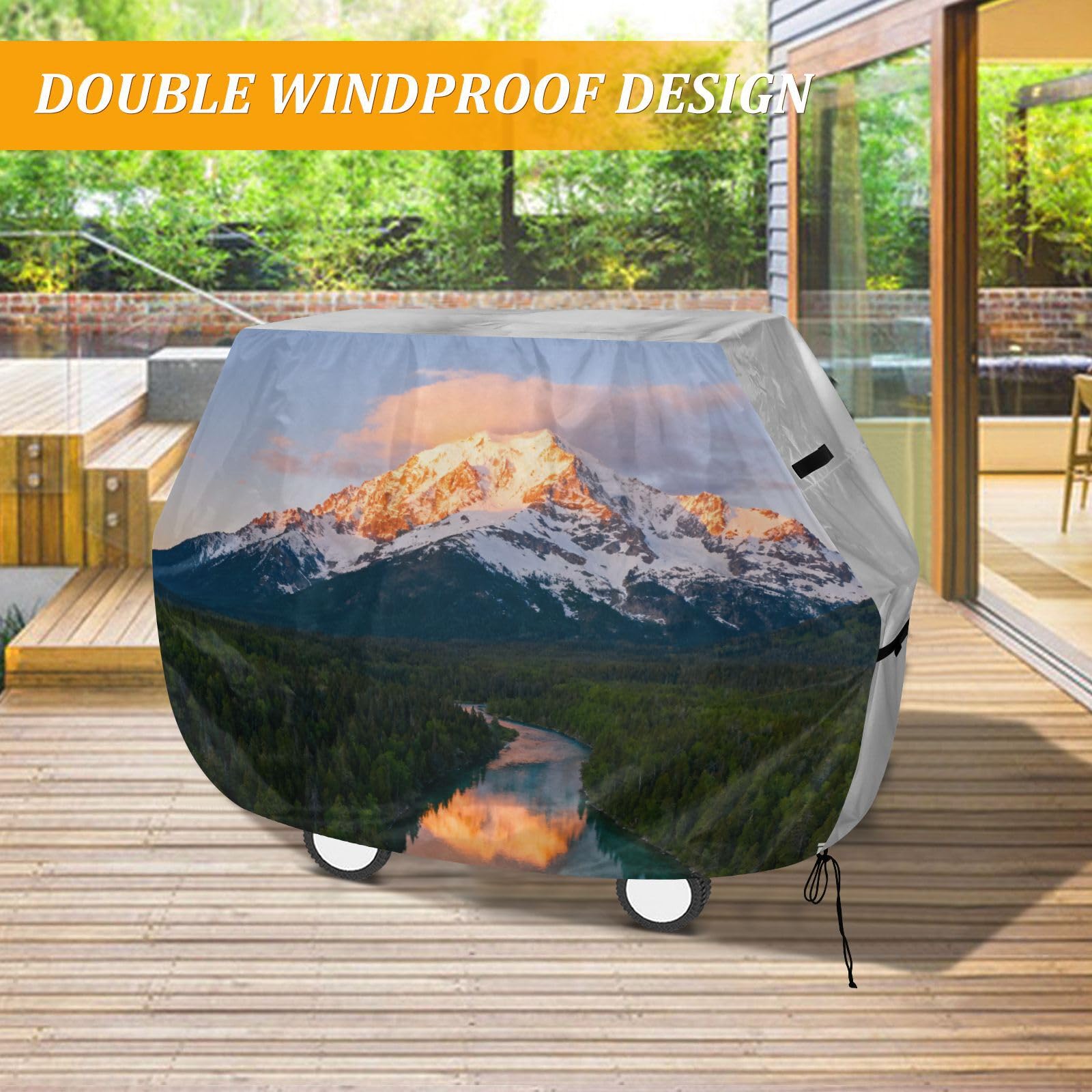 Snow Mountain Green Forests Sceneria BBQ Grill pokrowiec 158 cm wodoodporny wytrzymały odporny na rozdarcie odporny na blaknięcie materiał pokrowiec na grilla z regulowanym sznurkiem dla kurzu i