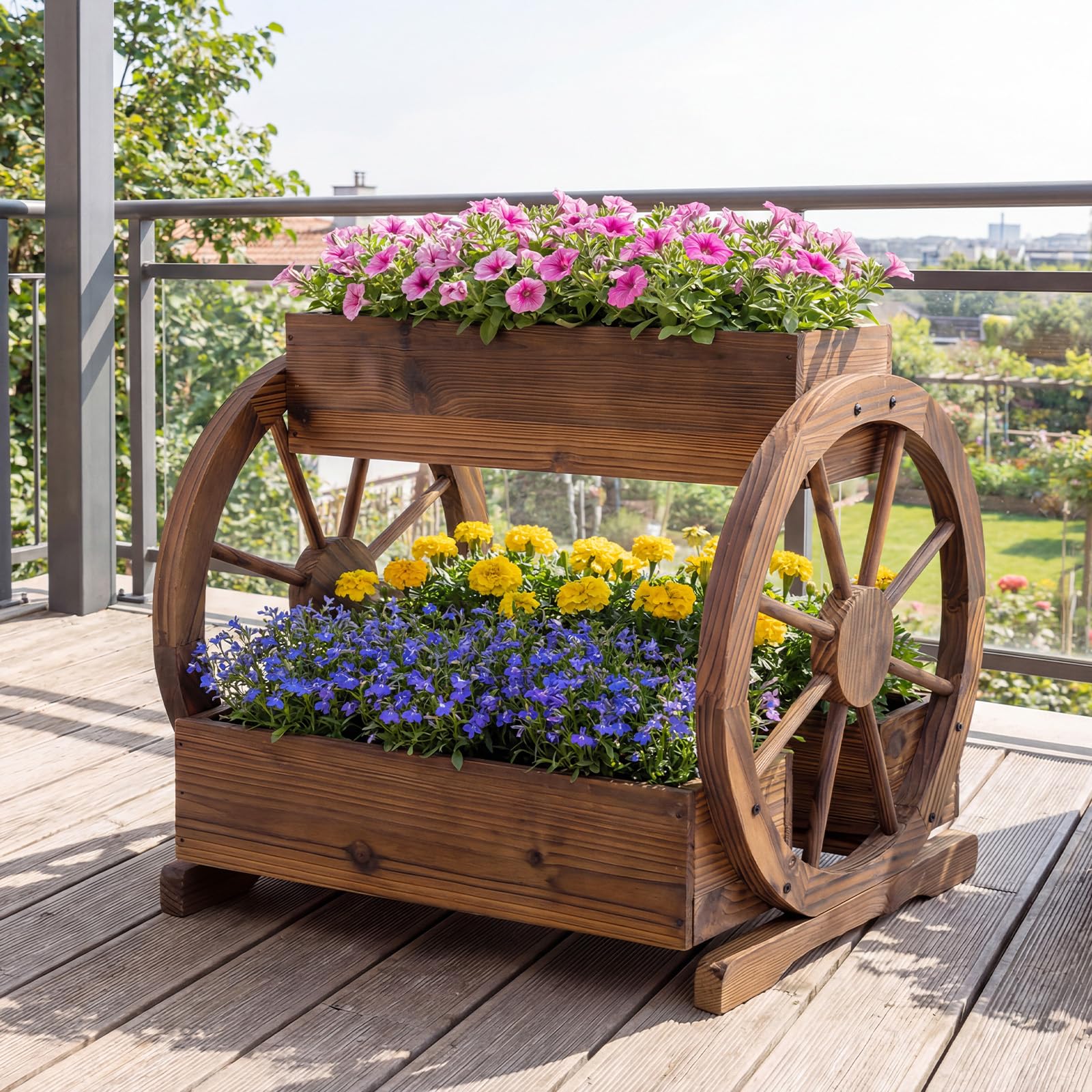 COSTWAY Jardinière Surélevée à 2 Niveaux, 3 Bacs à Plantes en Bois en Forme de Chariot avec Trous de Drainage et Roues, Lit de Jardin Pots de Fleurs pour Patio Balcon, 61,5 x 55 x 62 cm