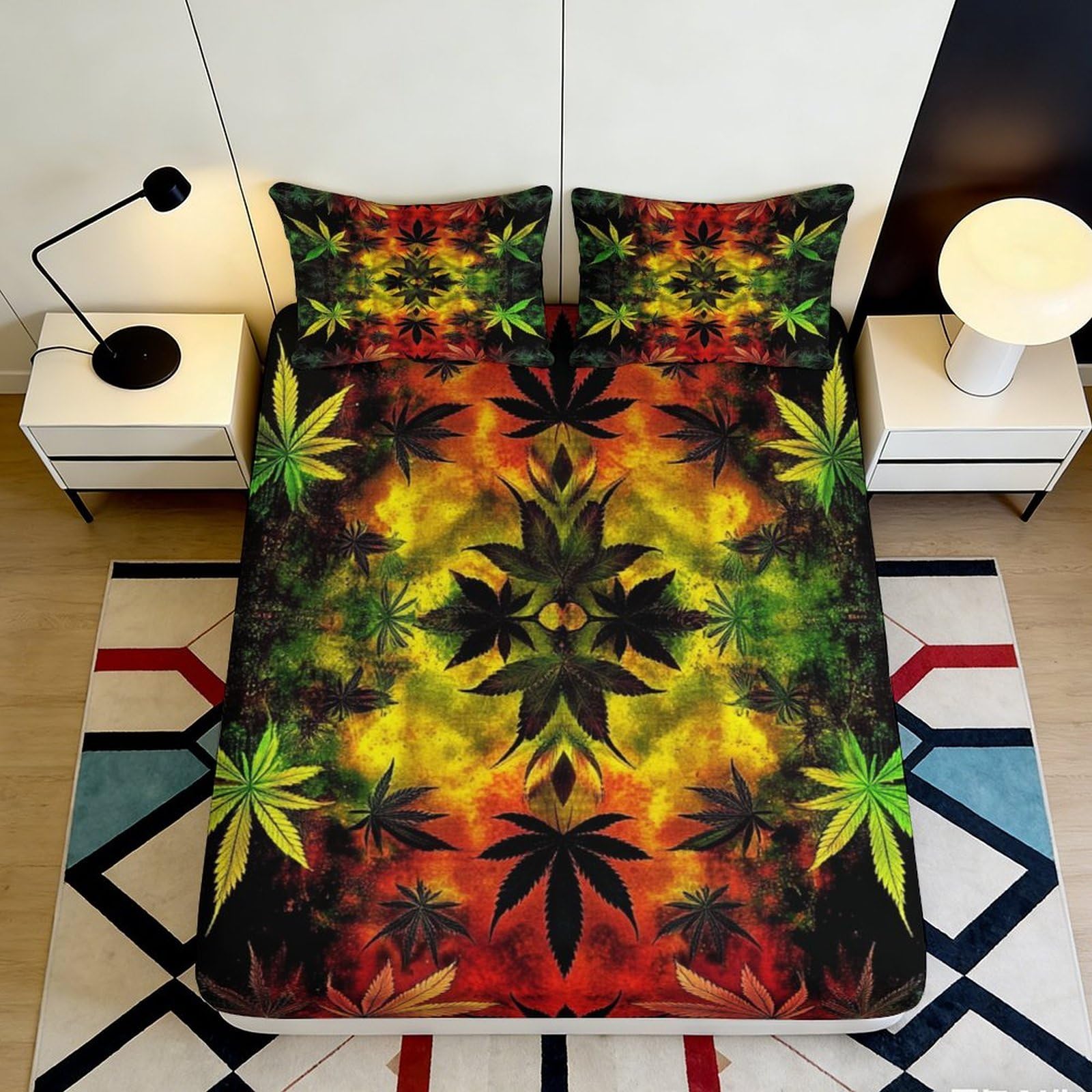Pnayamiorkfel Style-5 3D Printed Rasta Leaf Fitted Sheet Microfiber Soft Breathable Reggae Pattern Bed Cover For Bedroom Dorm Decor 90X200x25cm