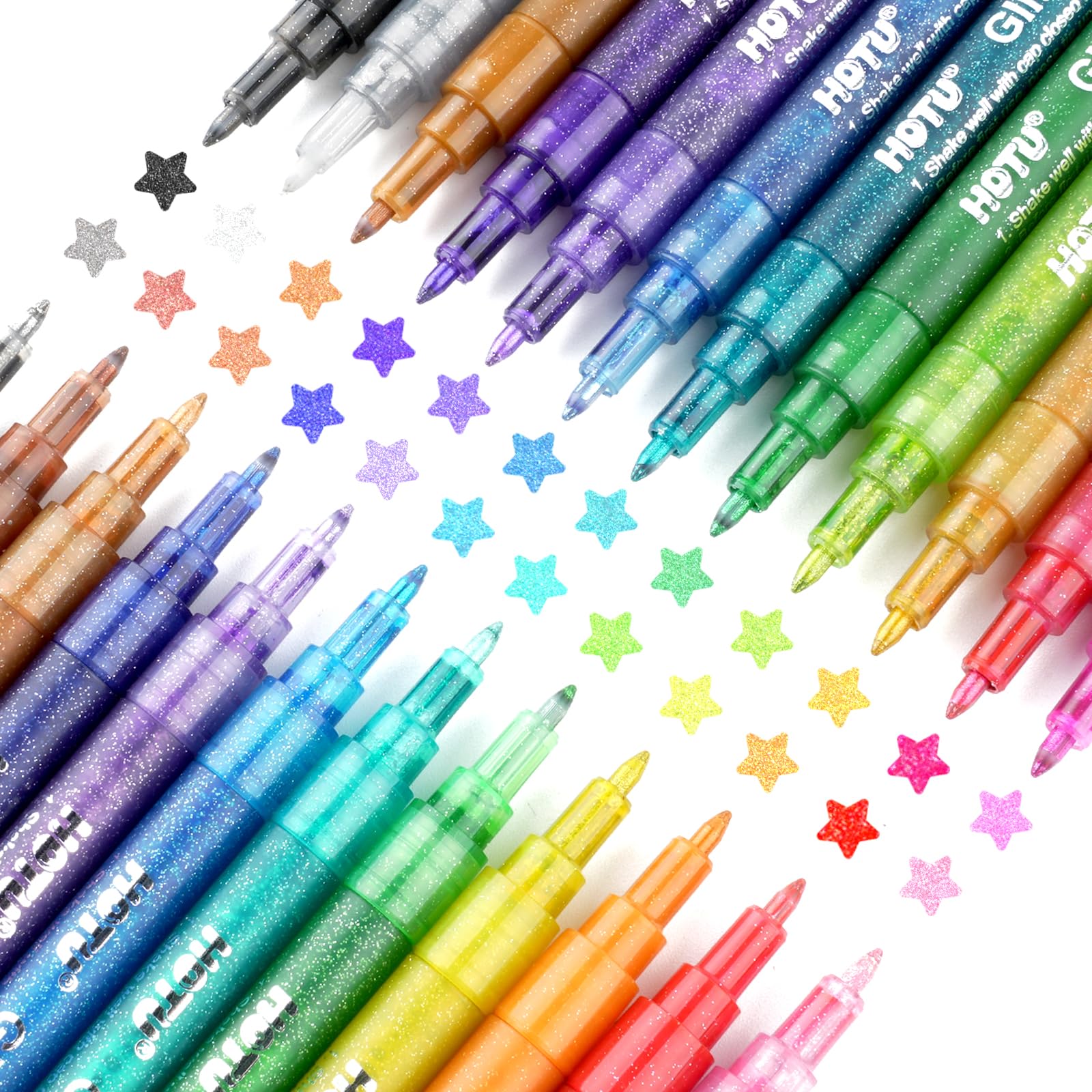 HOTU Glitter Paint Pens, 24 Assorted Sparkly Colors 0.7mm Extra Fine Tip — image 1