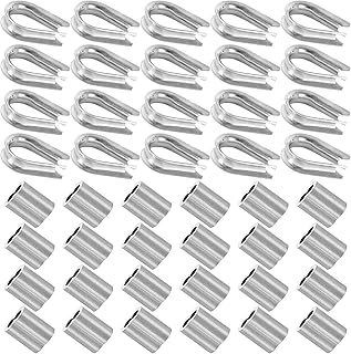 60Pcs Stainless Steel Thimble and 60Pcs Aluminum Crimping Loop Sleeve, M5 Thimble for 3/16” Steel Wire Rope Cable, Ferrules for 1/8" Cable, Wire Rope Crimping Kit for Railing and Light Duty Hanging