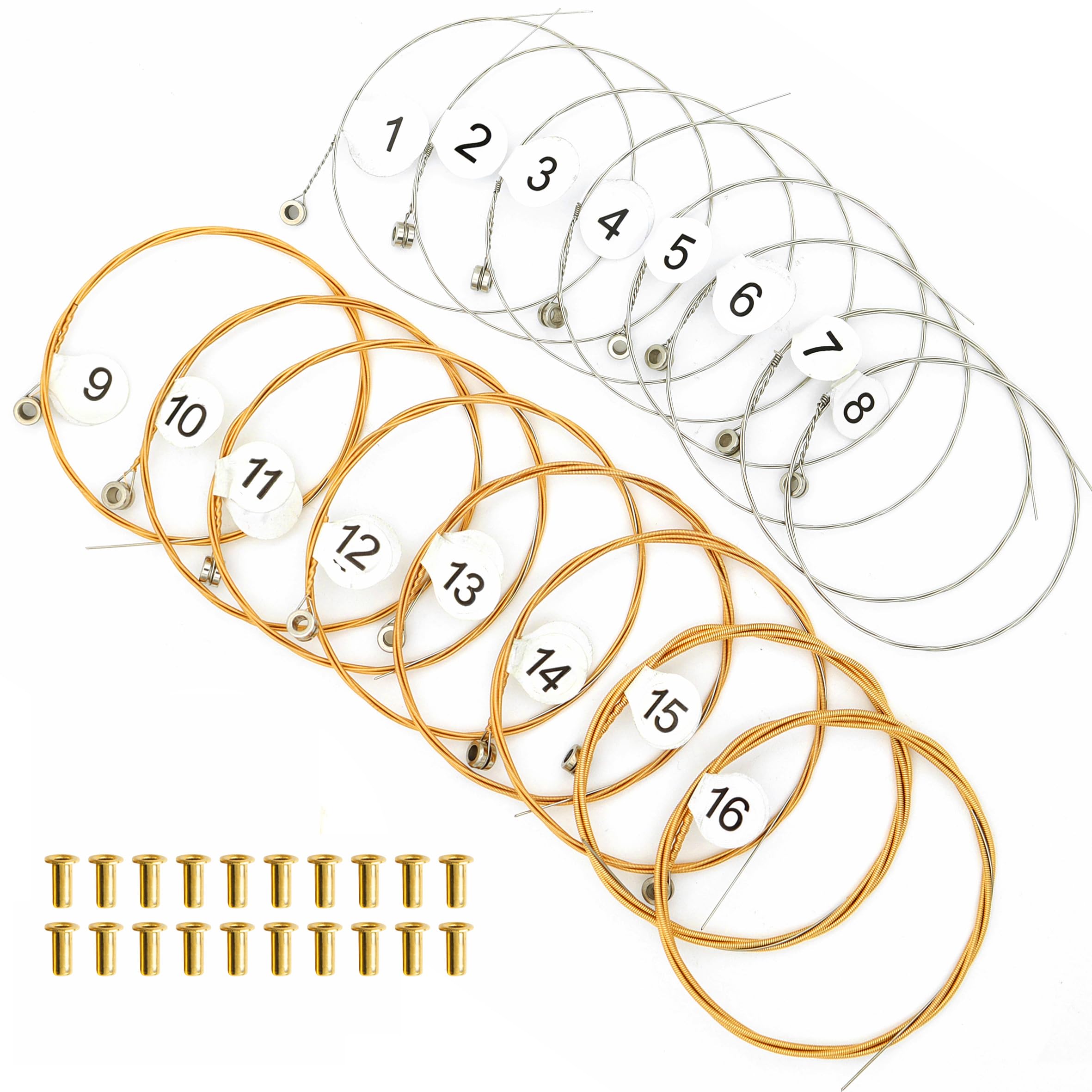 INKNOTE Lyre Harp A Sets of 16 Replacement Metal Strings with 20 Pcs Gold Brass Hollow Rivets
