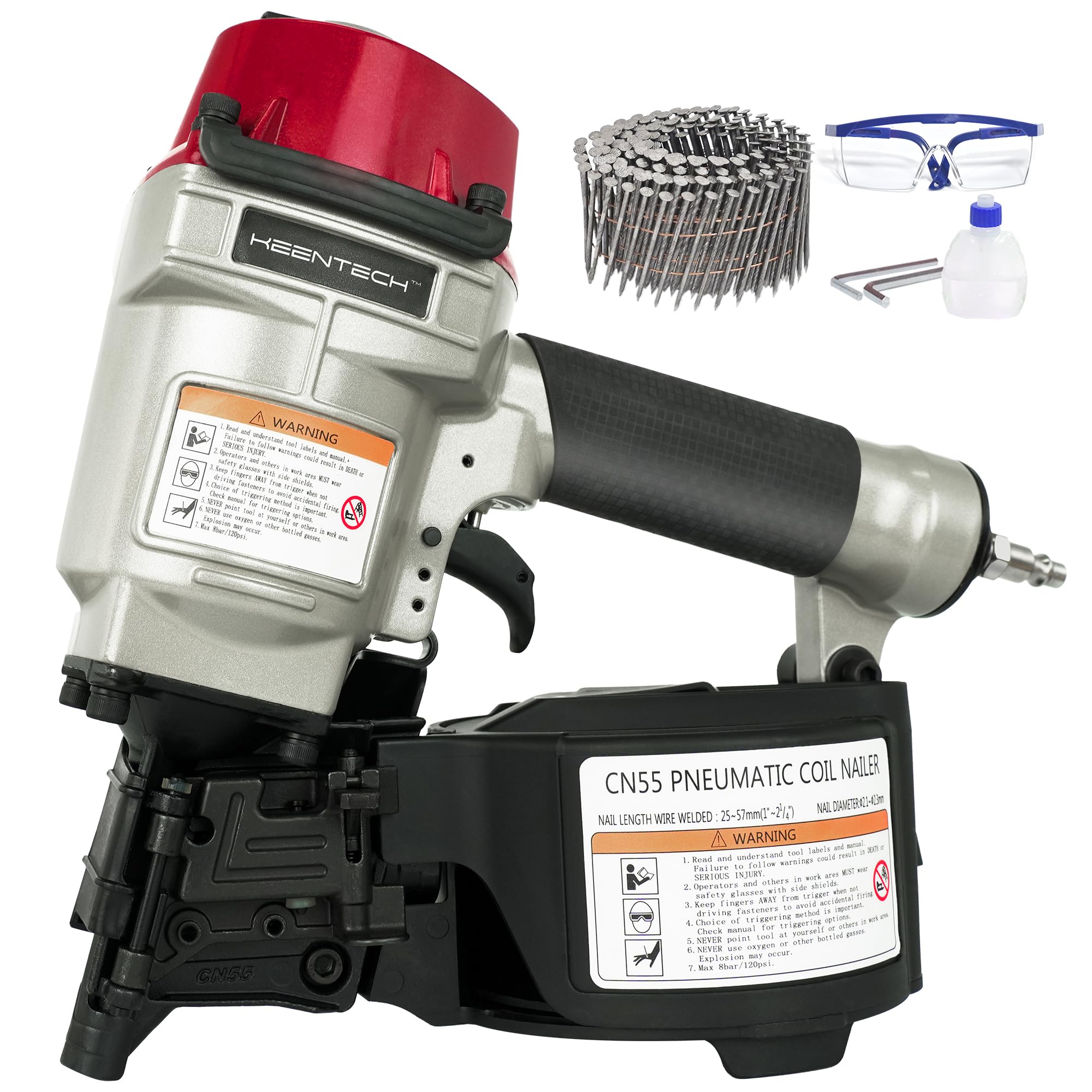 KEENTECH Pneumatic Siding Nail Gun for 1" to 2-1/4" 15-Degree Nails, Coil Siding Nailer with Bump Firing for Fast Nailing Speed, Coil Nail Gun for Pallets, Siding, Crating, Fencing, Decking, CN55