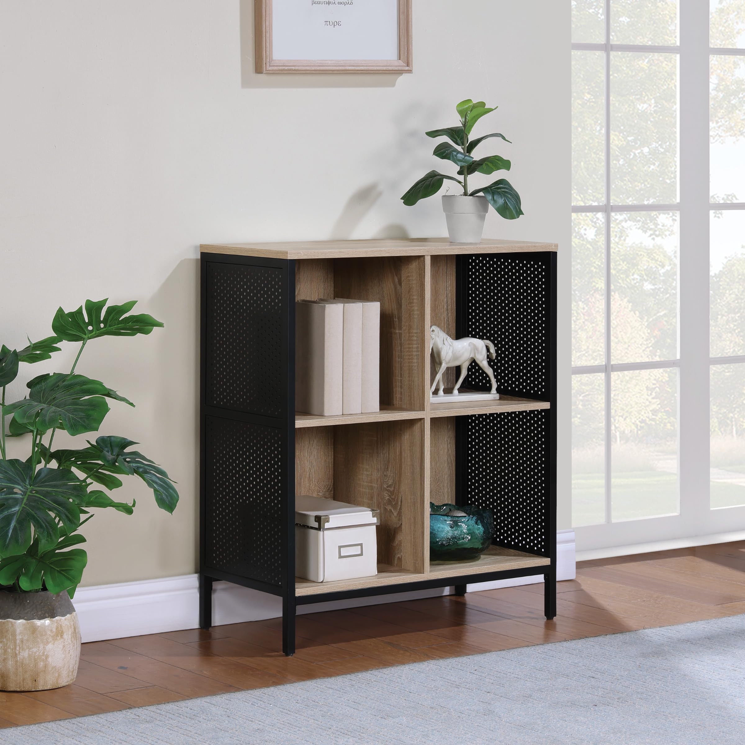 OSP Home Furnishings Ace nowoczesny regał na książki z 4 kostkami, wykończenie rzeki dąb