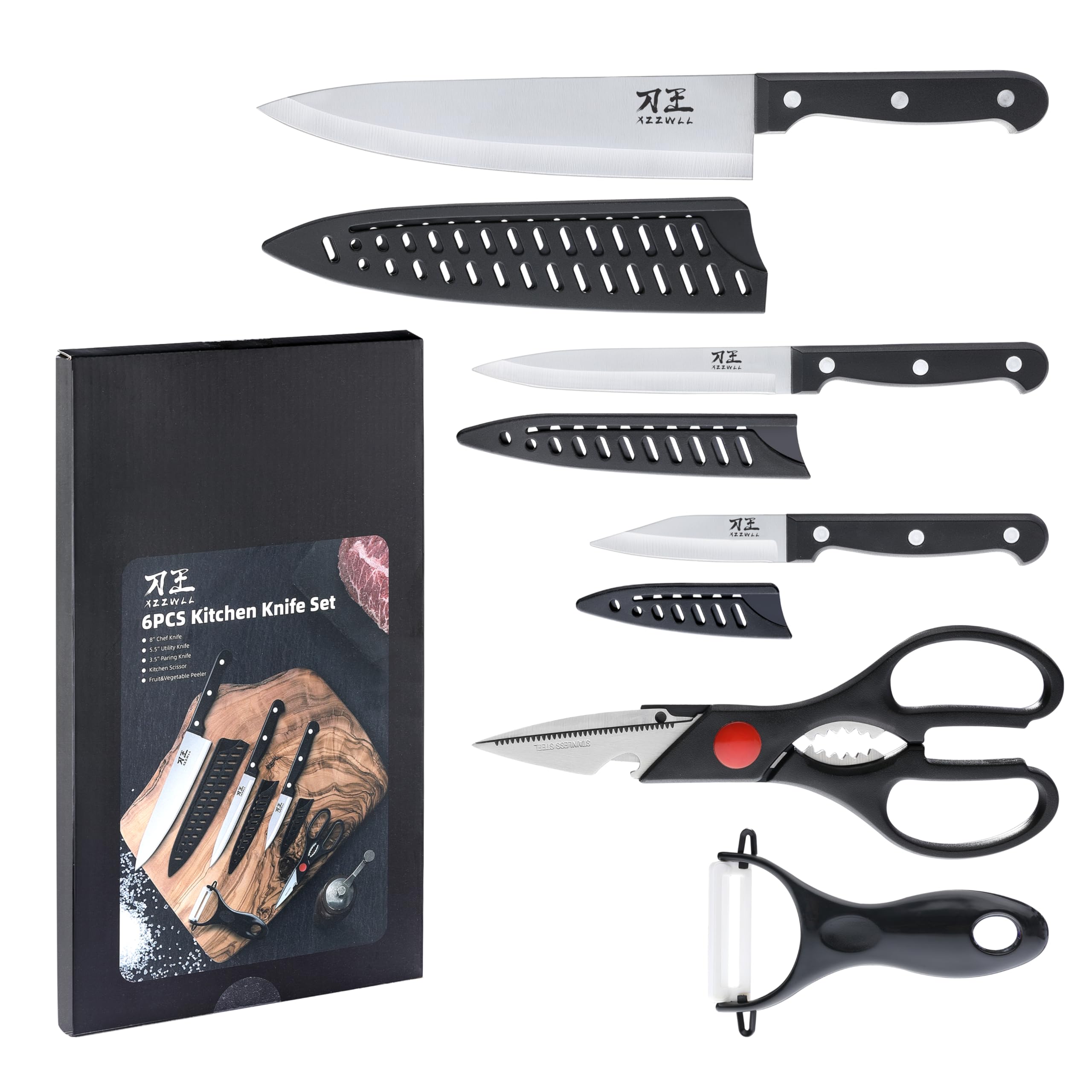 5 pieces kitchen knife set, knife set without block with sheathes, stainless steel sharp blade and comfortable handle, chef knife set with kitchen scissors and peeler for cooking