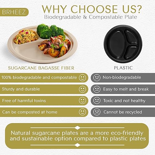 Miniatura 4 de brheez Platos desechables redondos resistentes de 3 compartimentos 10 pulgadas respetuosos con el medio ambiente, 100% fibra de bagazo natural,