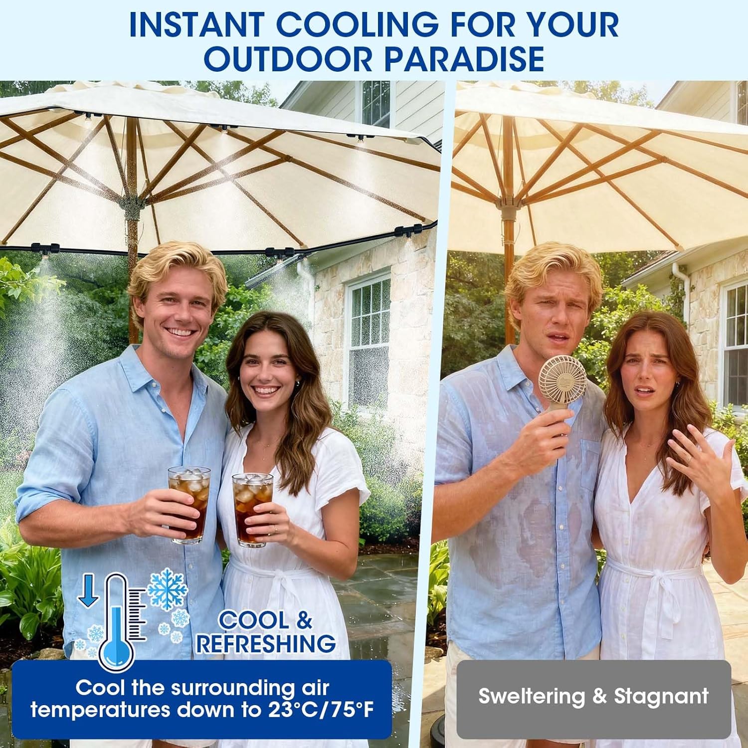 75FT Misters for Outside Patio – Outdoor Misting Cooling System with 20 Brass Nozzles, 3/4" Adapter & Water Filter, Upgraded Pre-Assembled, Large Area Cooling for Garden, Patio, Pool, Backyard