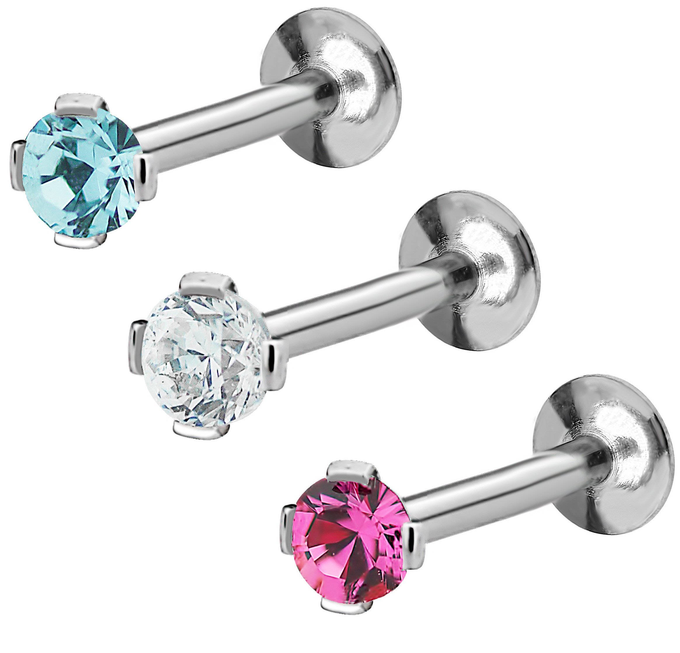 Forbidden Body Jewelry Set of 3: 16g 10mm Tragus Earrings, Helix Earrings & Labret Piercings, Internally Threaded CZ Studs