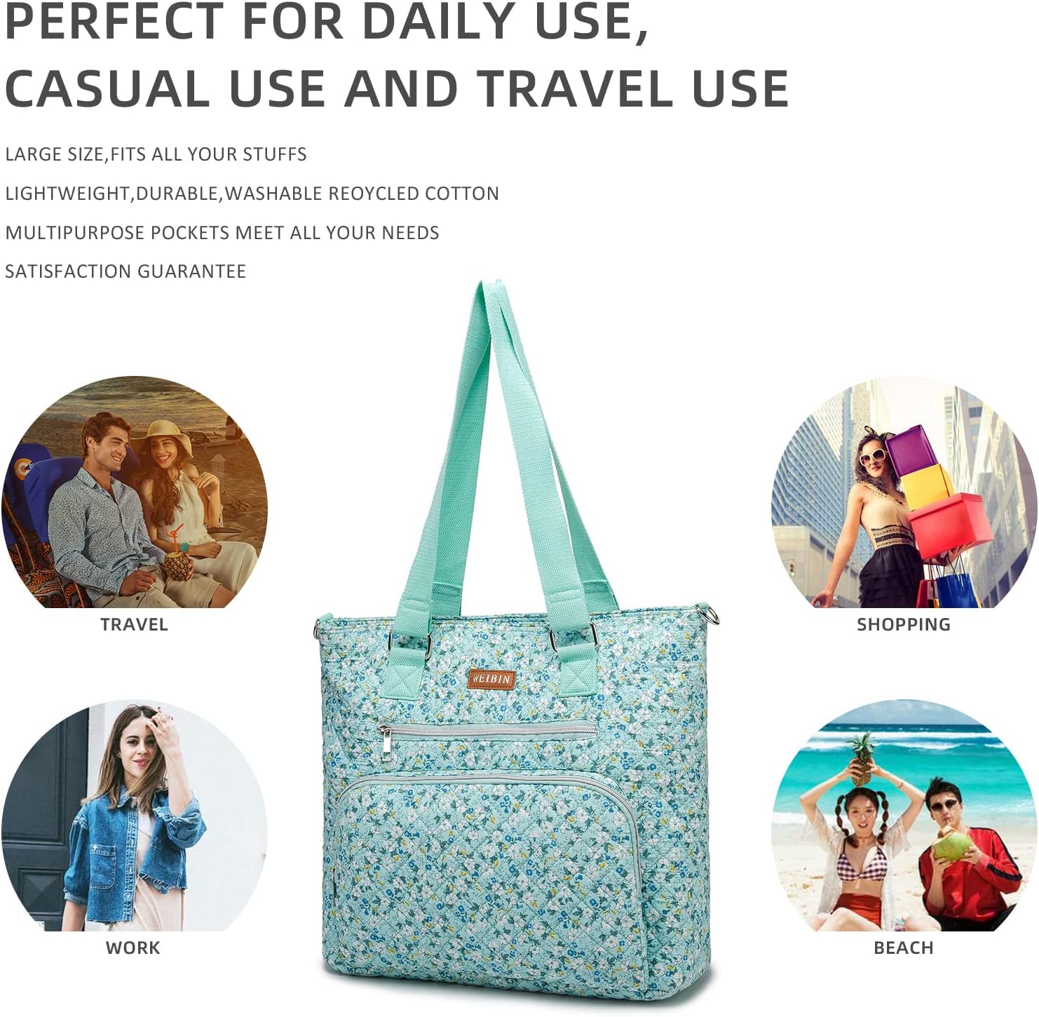 WEIBIN Tote Bag for Women,Large Zipper Multi Pockets Shoulder Handbag,Lady Crossbody Purse,Quilted Cotton Top Handle Satchel