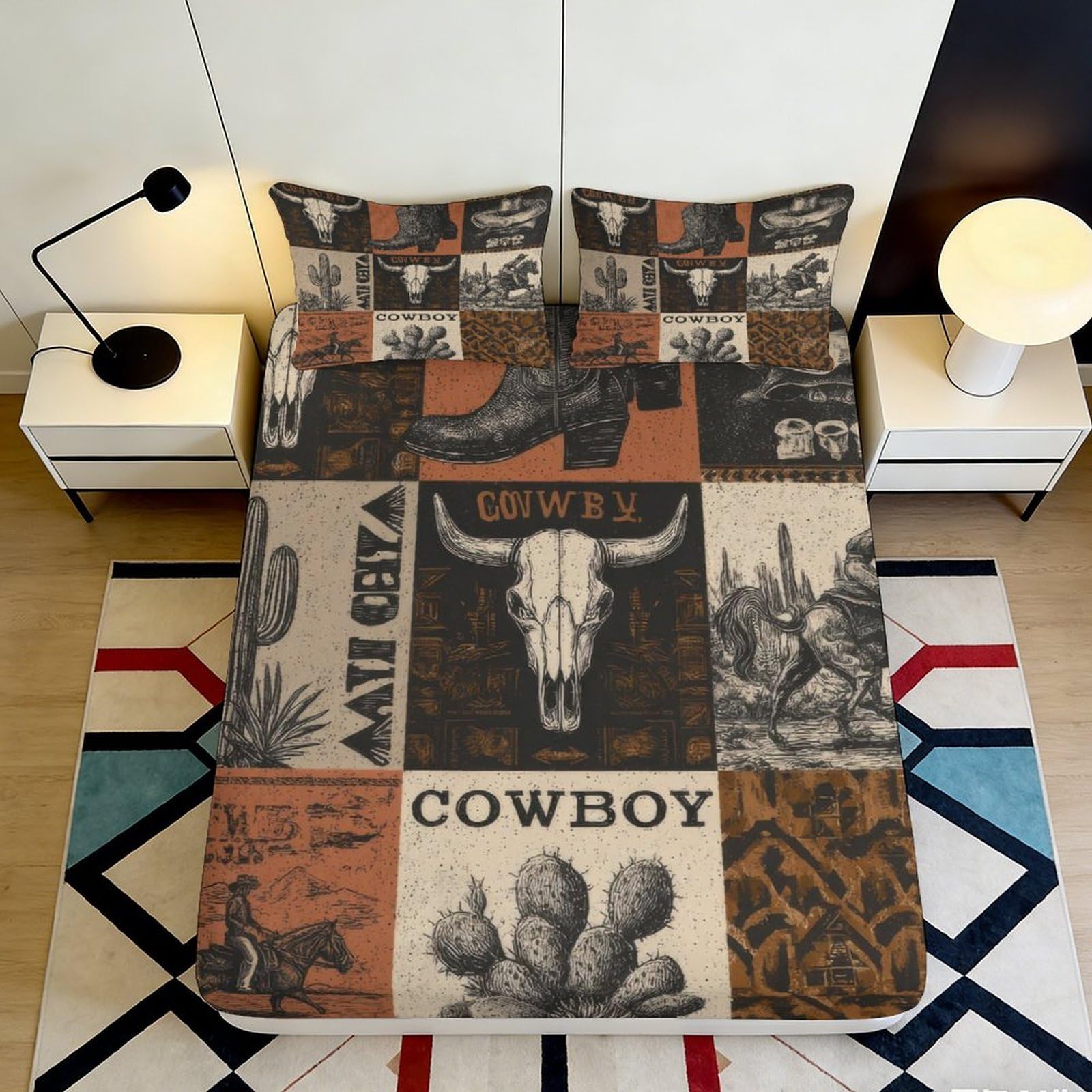 3D Printed Western Cowboy Skull Fitted Sheet Microfiber Brown Cactus Bed Cover for Bedroom Dorm Easy Care 90x200x25cm