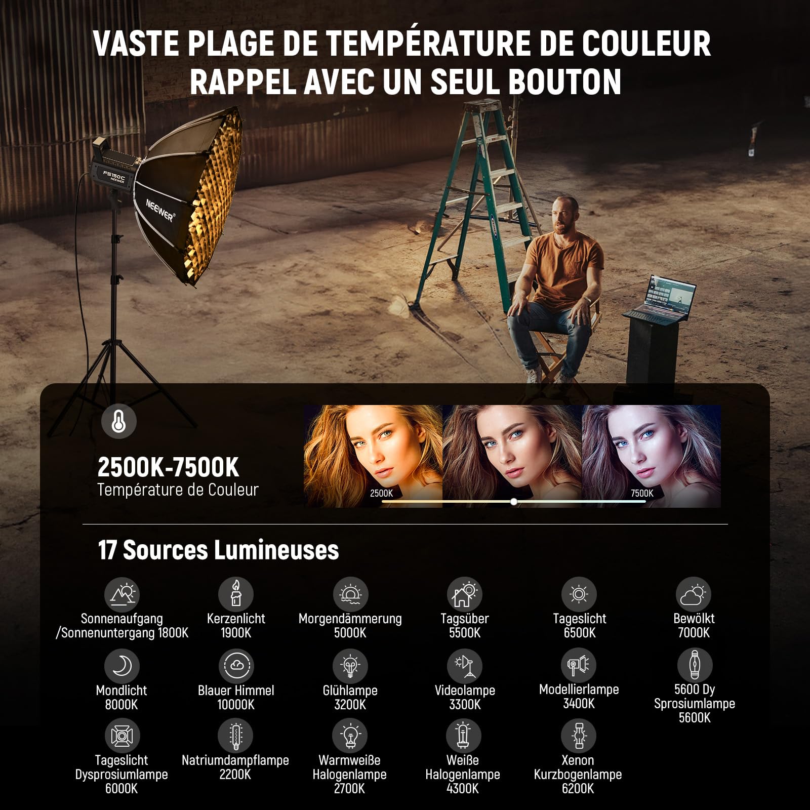 NEEWER 130W RGB LED Vidéo Light APP/2.4G Contrôle, COB Continu Studio Key Lighting,17 Effets 2500-7500K 19800lux CRI97 4 Courbes de Gradation, Bowens Spotlight pour Vidéo Streaming,FS150C