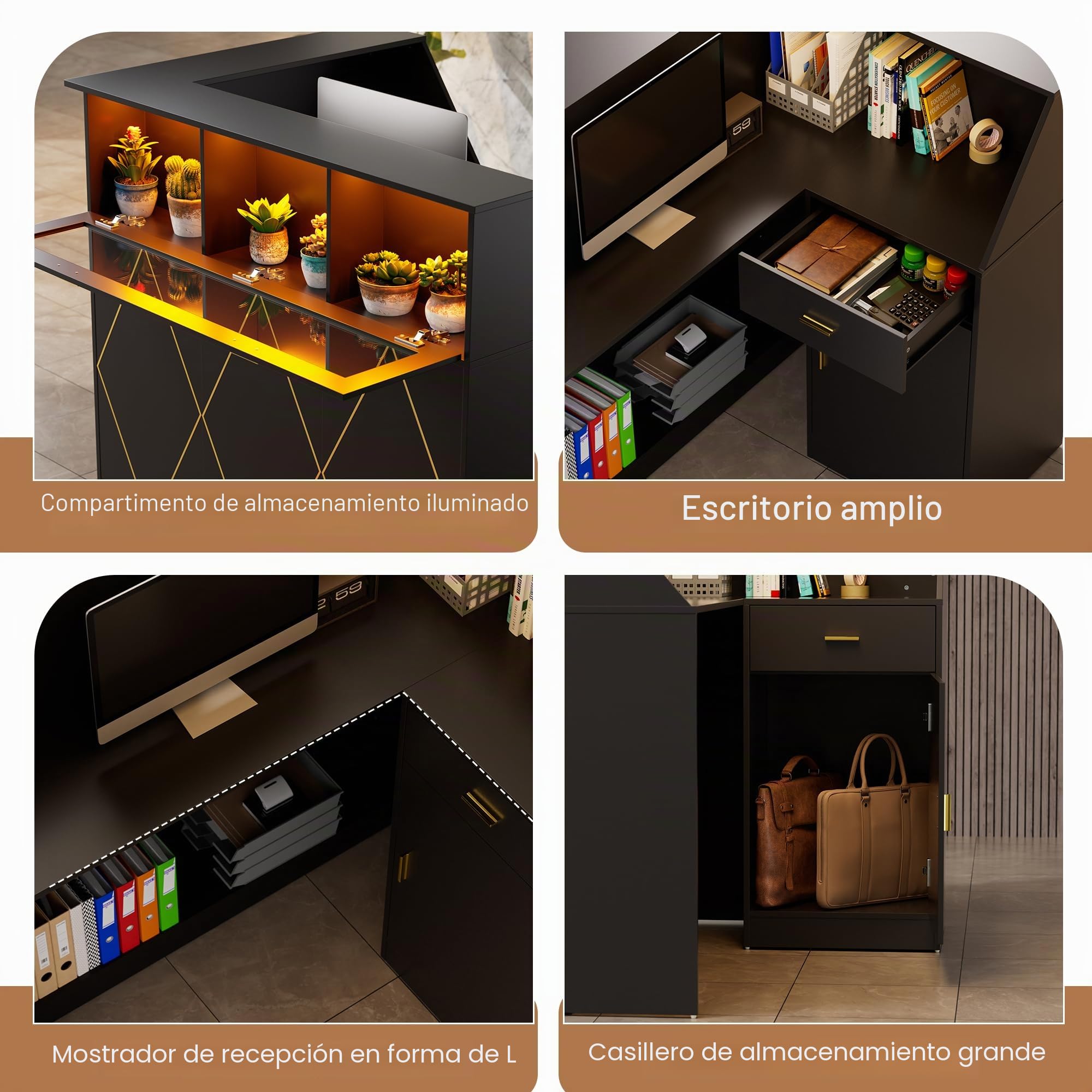 MSFE Mostrador de Recepción con LED, Mostradores Recepcion Forma L con Cajón | Armario | Vitrina, Mostradores para Tiendas Escritorio de Recepción Moderno para Oficina, 126x93x111cm (Negro)