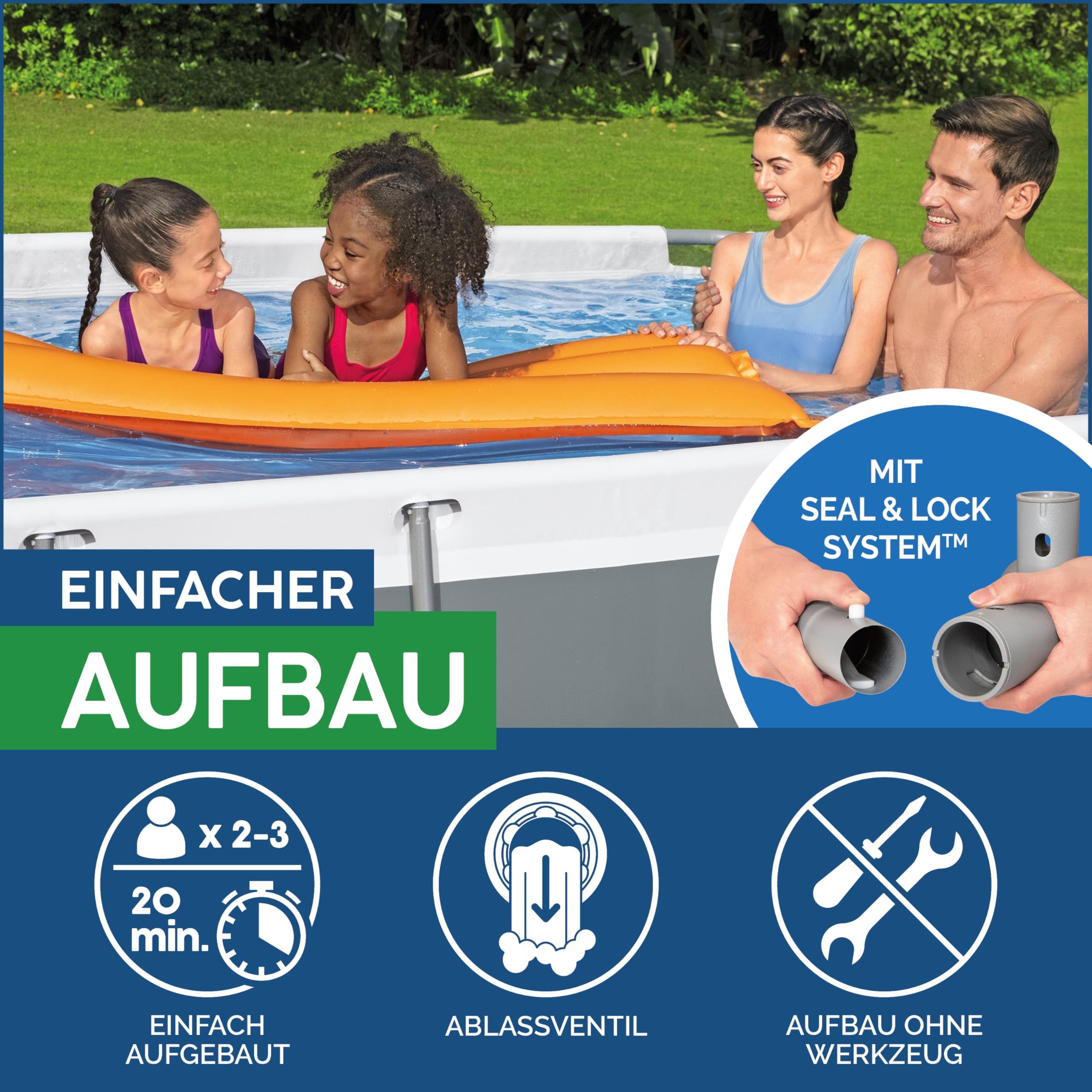 Bestway Power Steel Frame Pool Set mit Filterpumpe 282 x 196 x 84 cm, grau, eckig