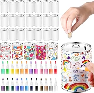 Tandefio 24 Pcs DIY Coin Piggy Bank Metal Money Piggy Bank Saving Box with 24 Acrylic Paint Markers Craft for Creative Gift Boys Girls Birthday Party Supplies (White)