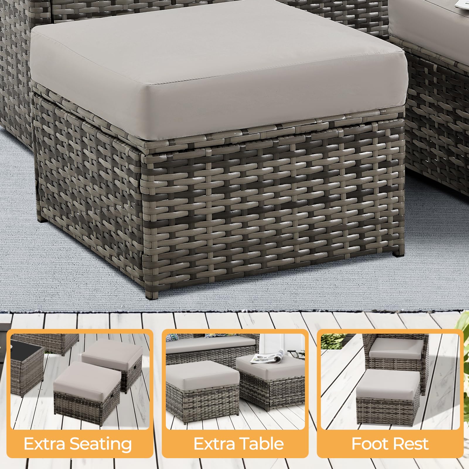 Patio Furniture Set 2 Pieces Ottoman Rattan Foot Stool with Removable Cushions for Balcony Lawn and Garden (Gray & Gray)