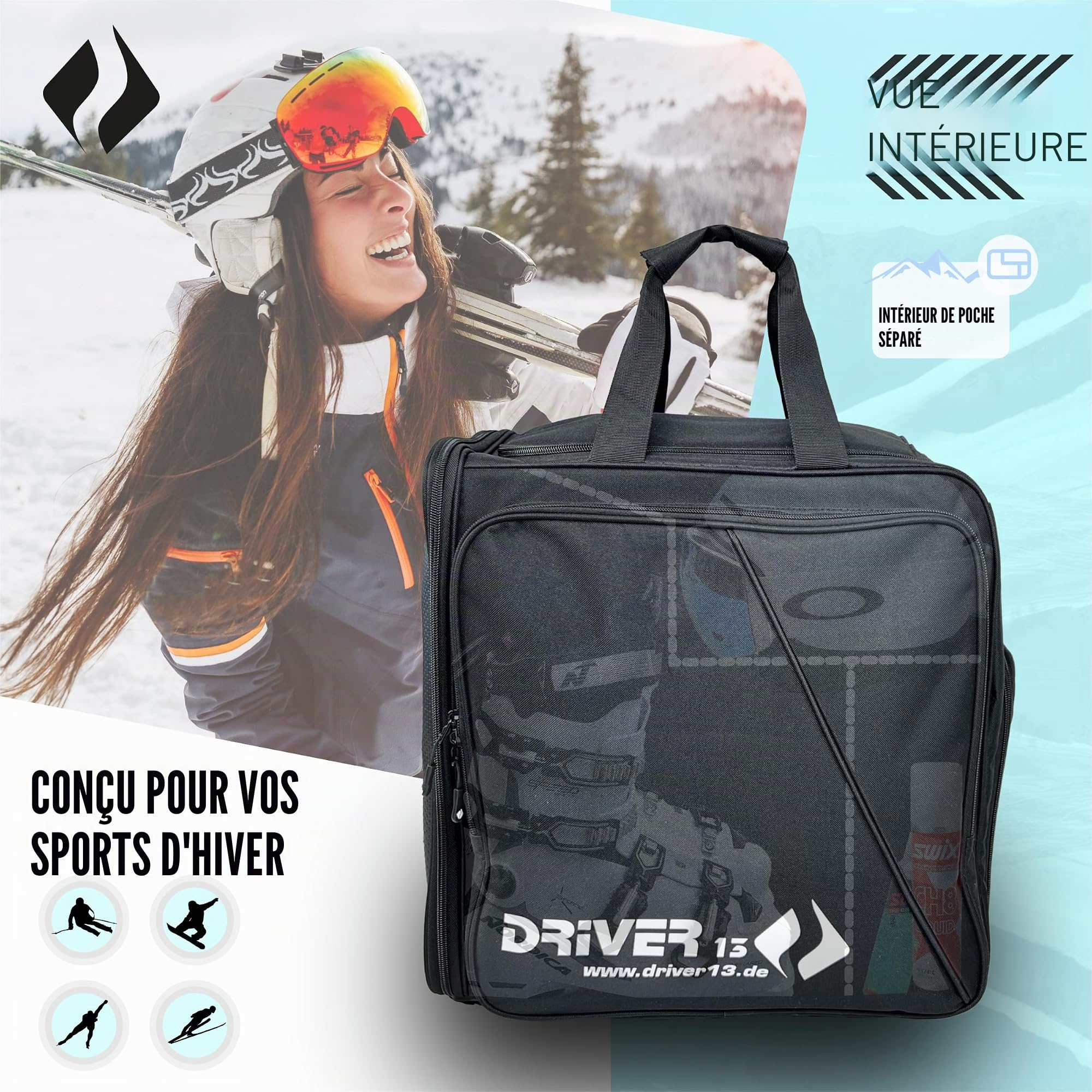 Driver13 Sac à Dos pour Chaussures de Ski avec Compartiment Casque, bootbag Sac à Dos pour Chaussures de Ski, Boots de Snowboard et Rollers, Dimensions 40 x 28 x 44 cm, Noir