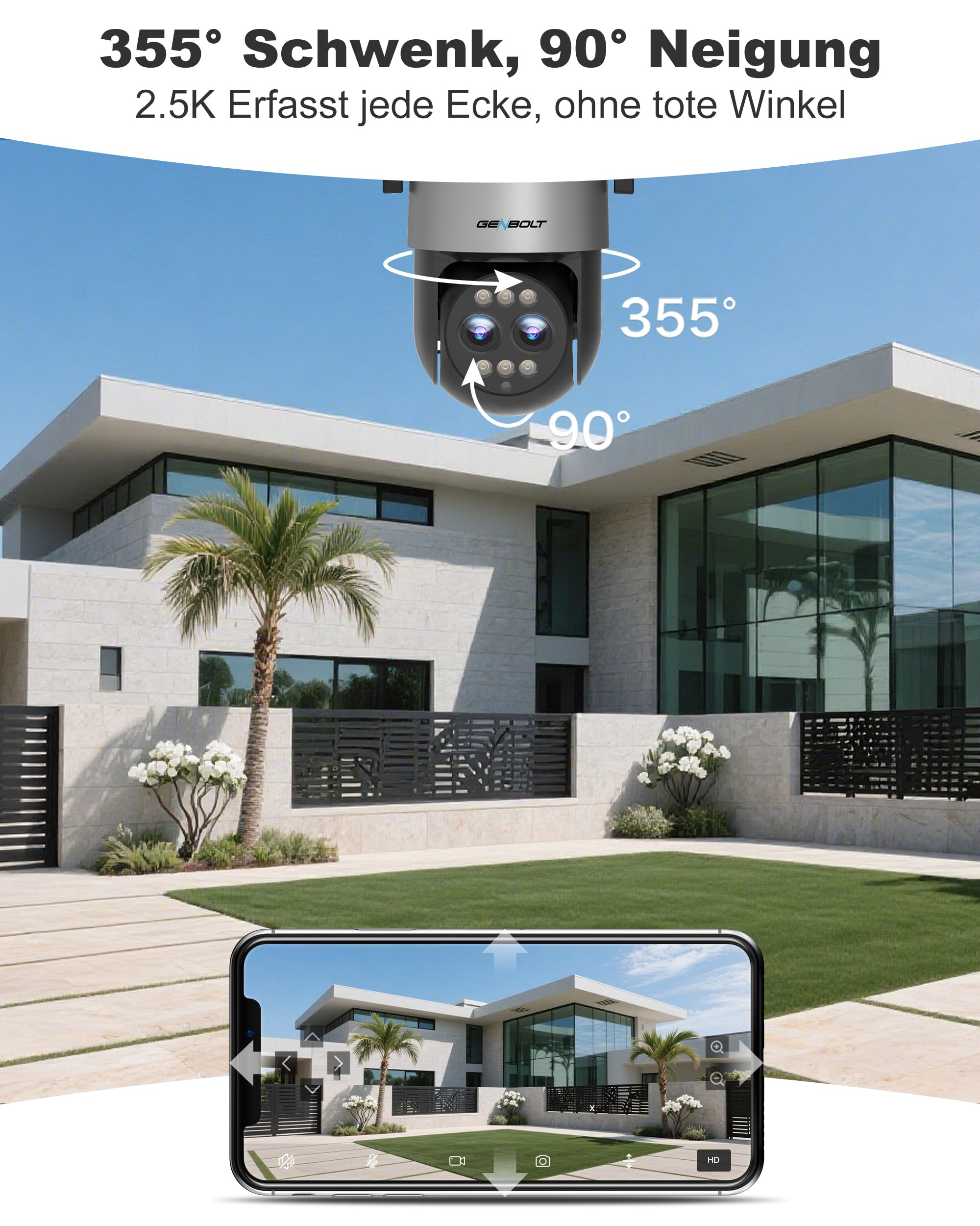 GENBOLT 2,5K PTZ WiFi Überwachungskamera für den Außenbereich mit PoE,Dual-Linsen CCTV Heim-Überwachungskamera mit 10X Hybrid Zoom,IP-Kamera mit Farbnacht 4MP,automatische Verfolgung(2,4&5GHz)