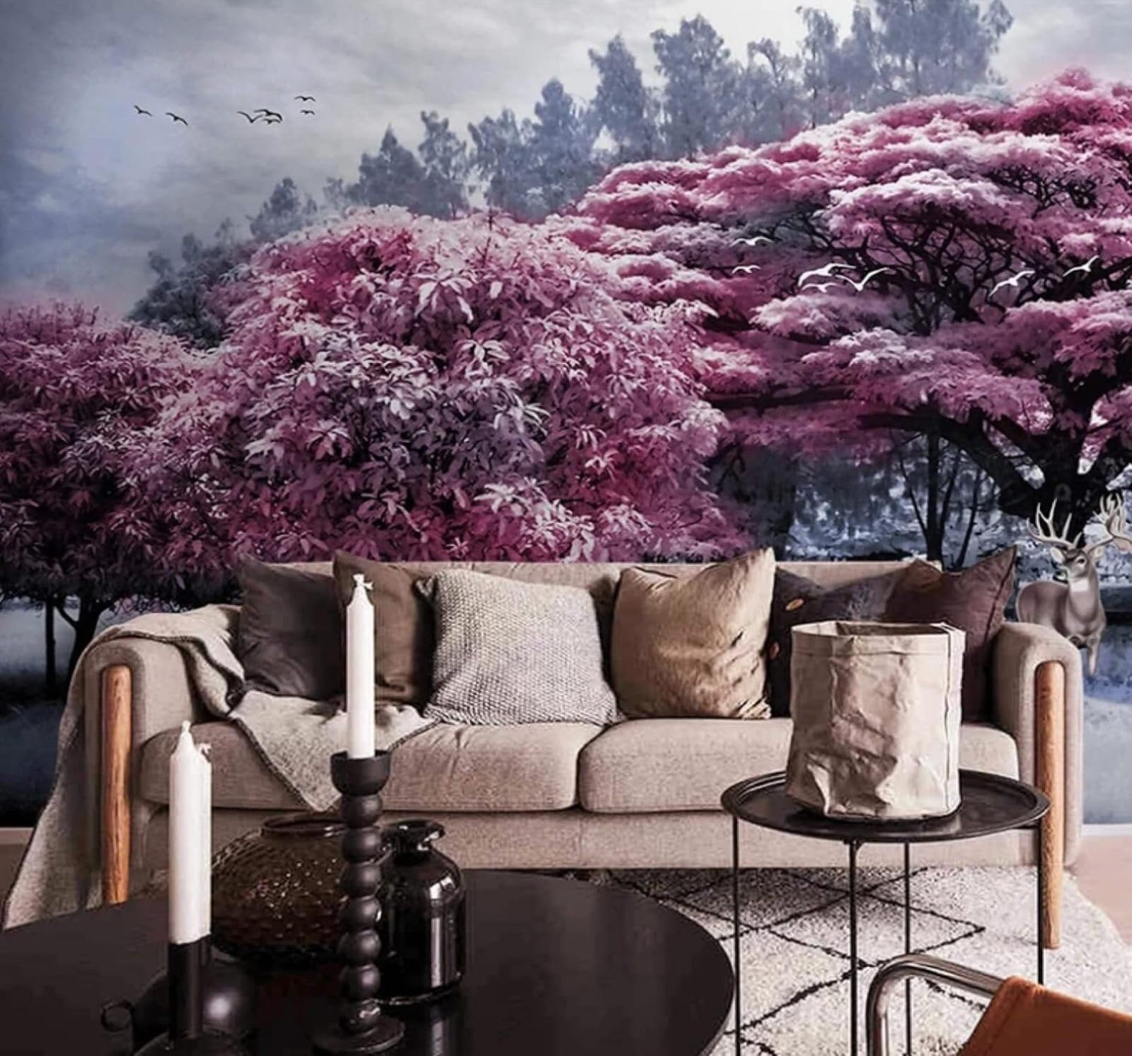 XLMING Pink Forest Reindeer Nature Landscape 3D Wallpaper Luxury Silk Study Dining Feature Sofa Grey Bedroom Living Room Tv Decorative Wall-430cm×300cm