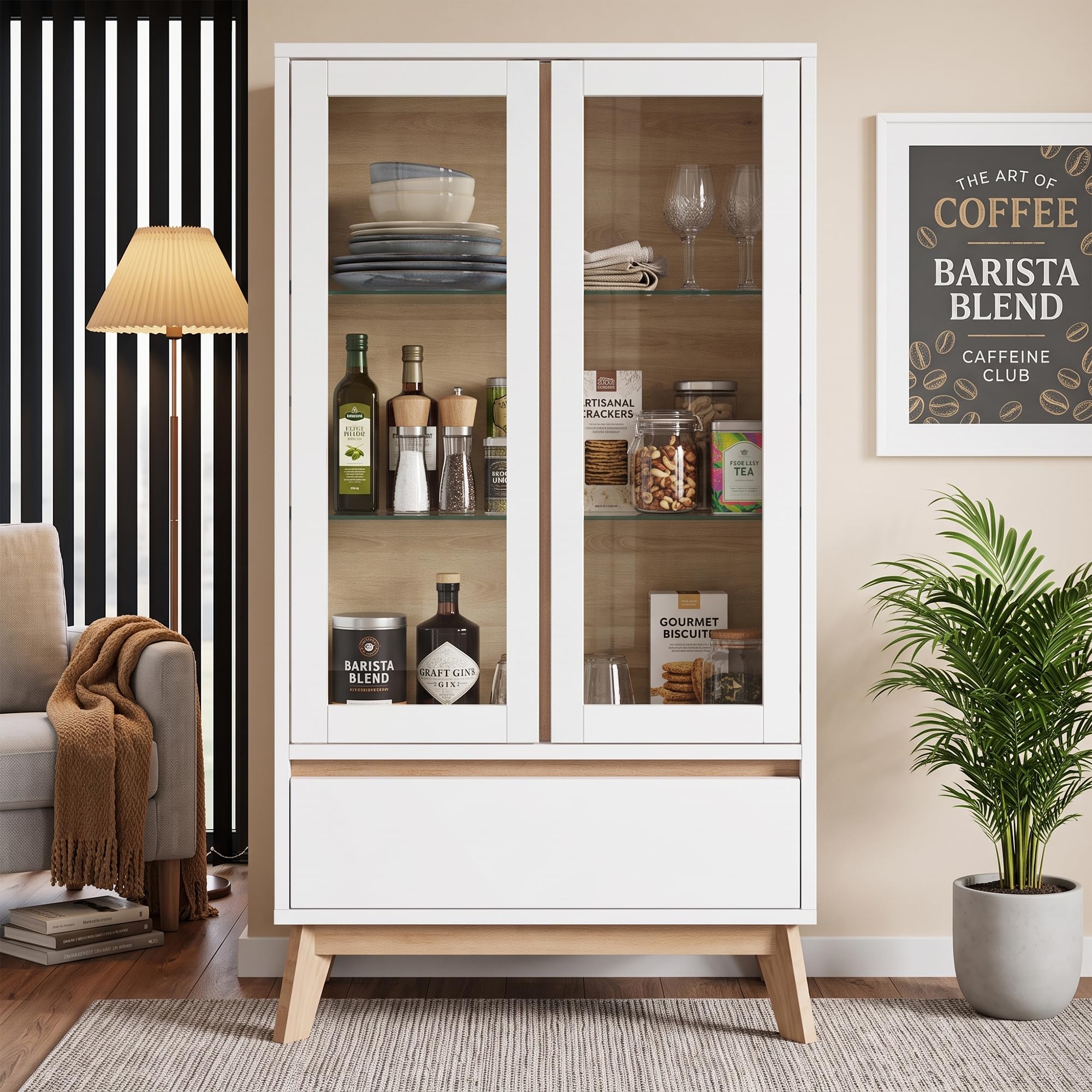 Armadi da cucina, dispensa, credenza, adatto per piccoli spazi in sala da pranzo o soggiorno, con ripiani regolabili, bianco + legno