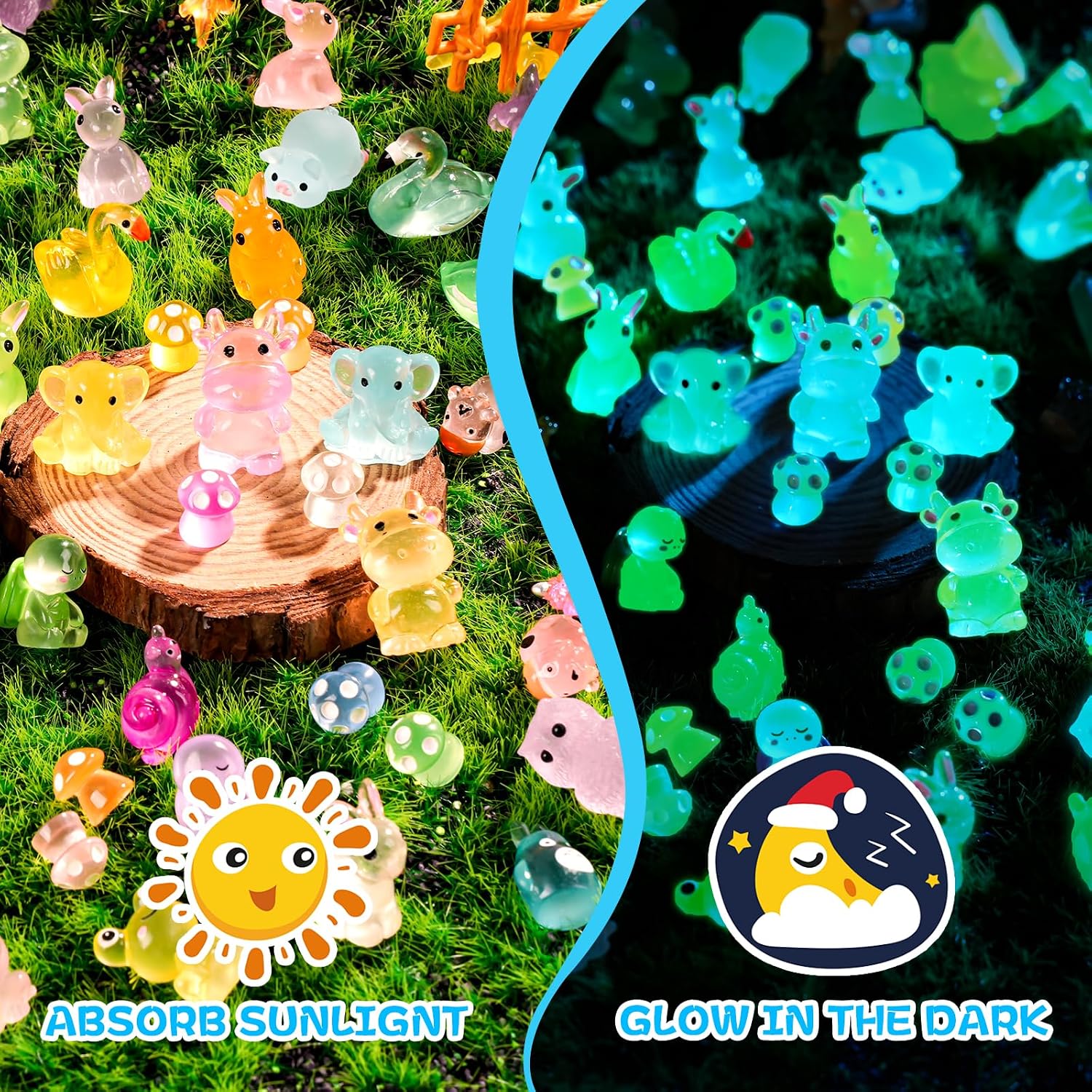 300 Pcs Luminous Mini Resin Animals in The Dark Mini Resin Figurines with 25 Styles Duck Frog Rabbit Owl Mushroom Shapes for Fairy Garden Accessories Micro Landscape Bonsai Aquarium Outdoor Decor